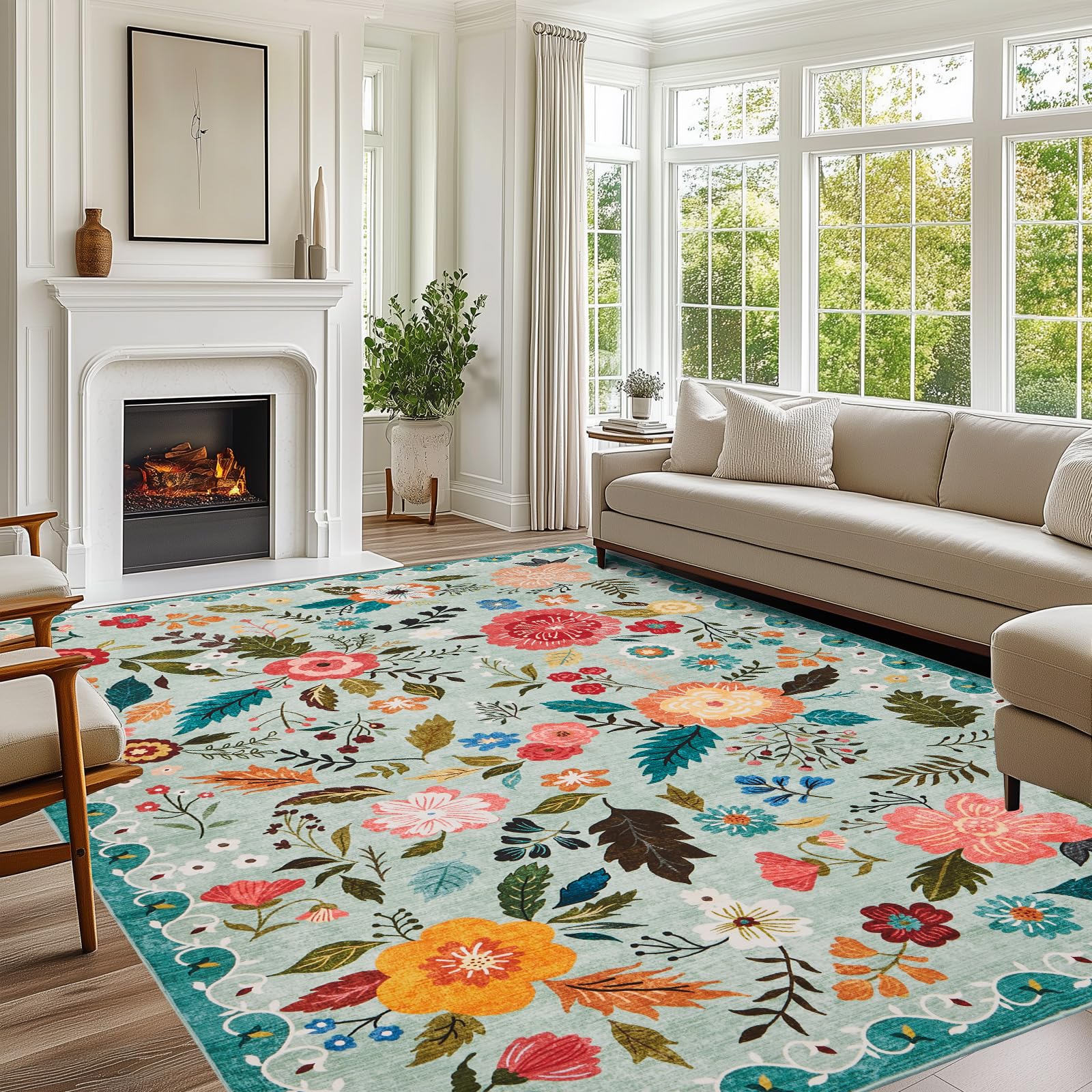 Boho Floral Vintage Rug for Home Washable Rugs Soft Low Pile, Non Slip Non-Shedding