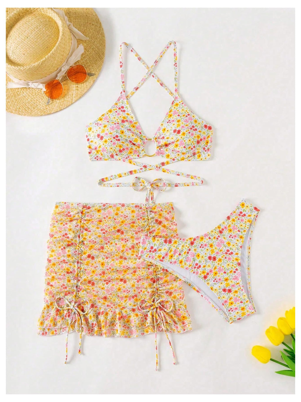 Women's 3 Piece Swimsuits Floral Criss Cross Halter Thong Bikini Sets Bathing Suit with Cover Up Ruffle Skirts