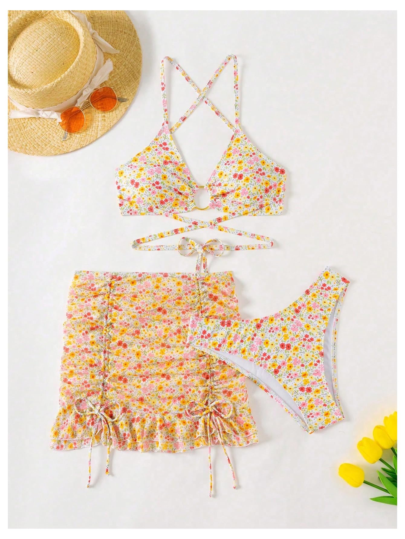 Women's 3 Piece Swimsuits Floral Criss Cross Halter Thong Bikini Sets Bathing Suit with Cover Up Ruffle Skirts