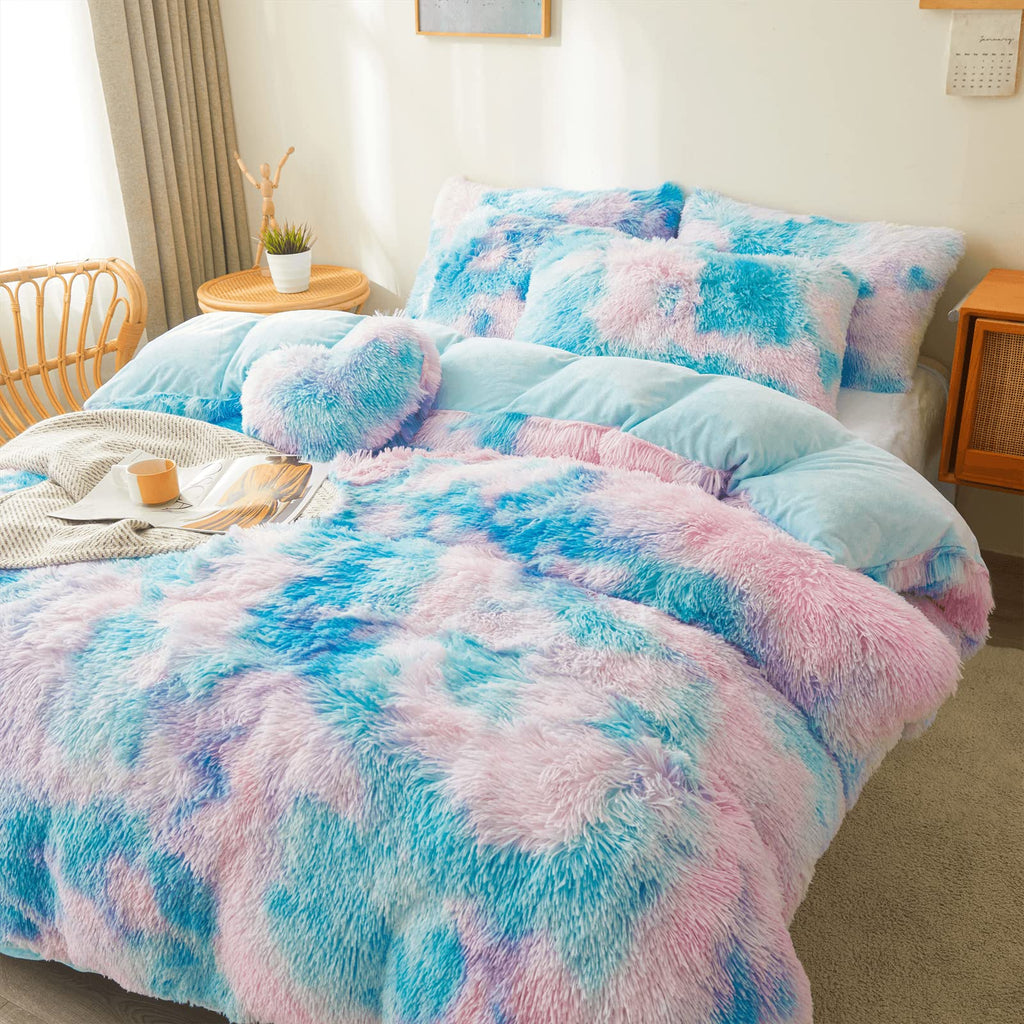 Fluffy Faux Fur Comforter Cover Set Queen - Ultra Soft Plush Bedding Sets 3 Pieces (1 Fluffy Duvet Cover + 2 Faux Fur Pillow case) Cute Bed Set