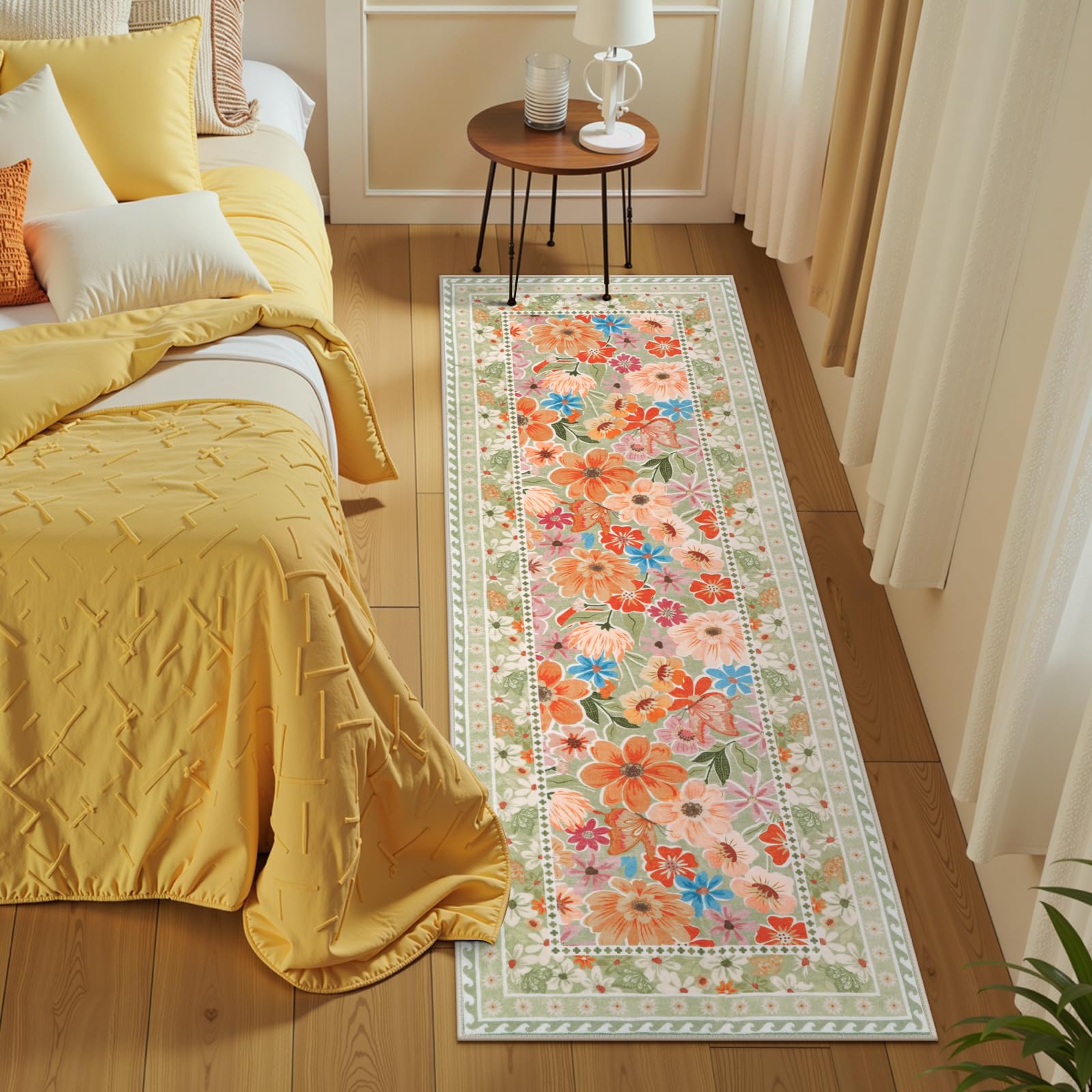 Floral Hallway Runner Rug, Runner Rugs Non Skid Washable, Low Pile Soft Boho Rugs