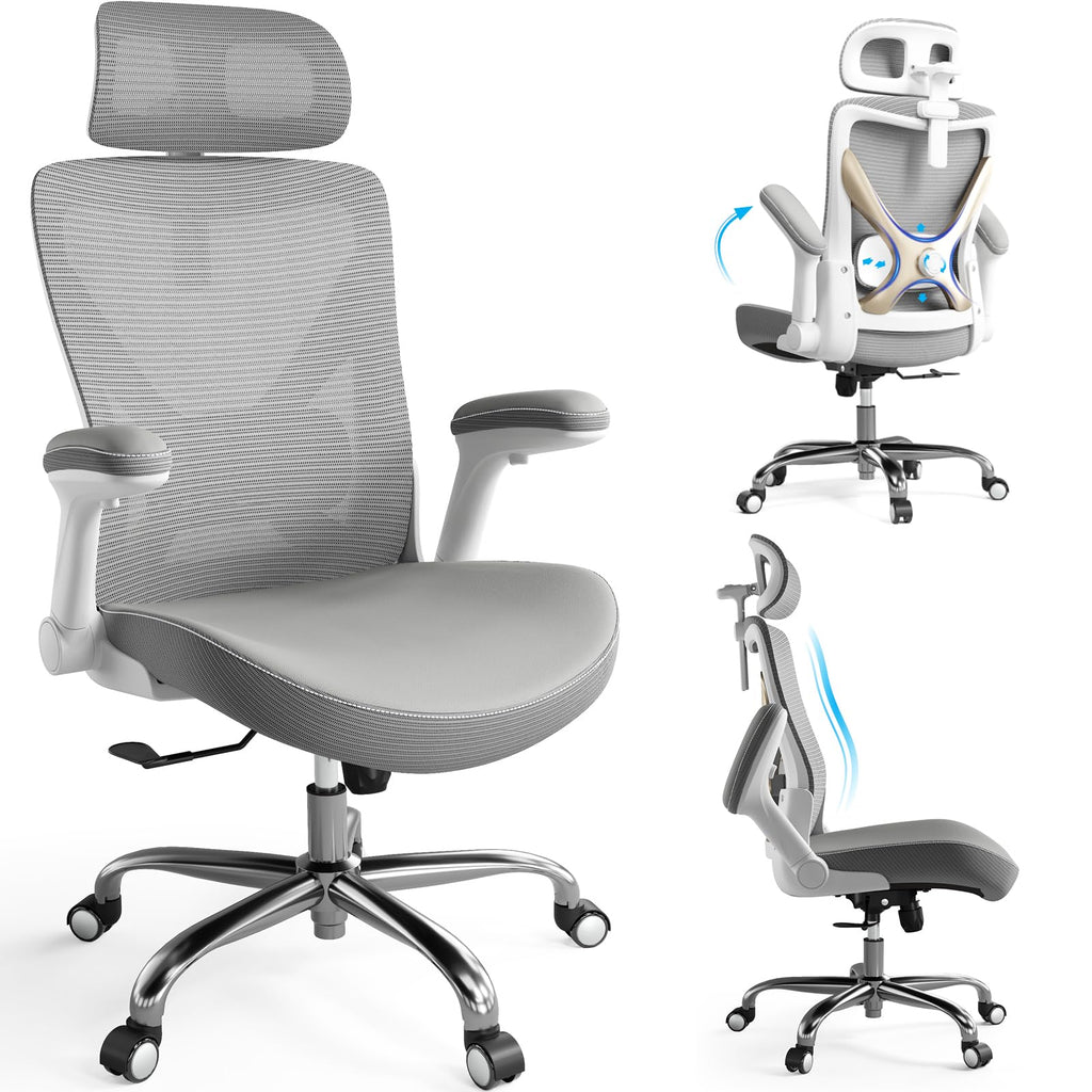 Ergonomic Desk Chair-Computer X-Shaped Chair Mesh PU Leather with Adjustable Lumbar Support-Executive Chair High Back with Headrest Flip-Up Arms for Long Hours