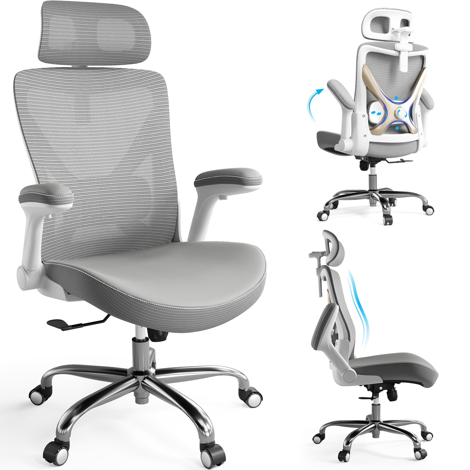 Ergonomic Desk Chair-Computer X-Shaped Chair Mesh PU Leather with Adjustable Lumbar Support-Executive Chair High Back with Headrest Flip-Up Arms for Long Hours