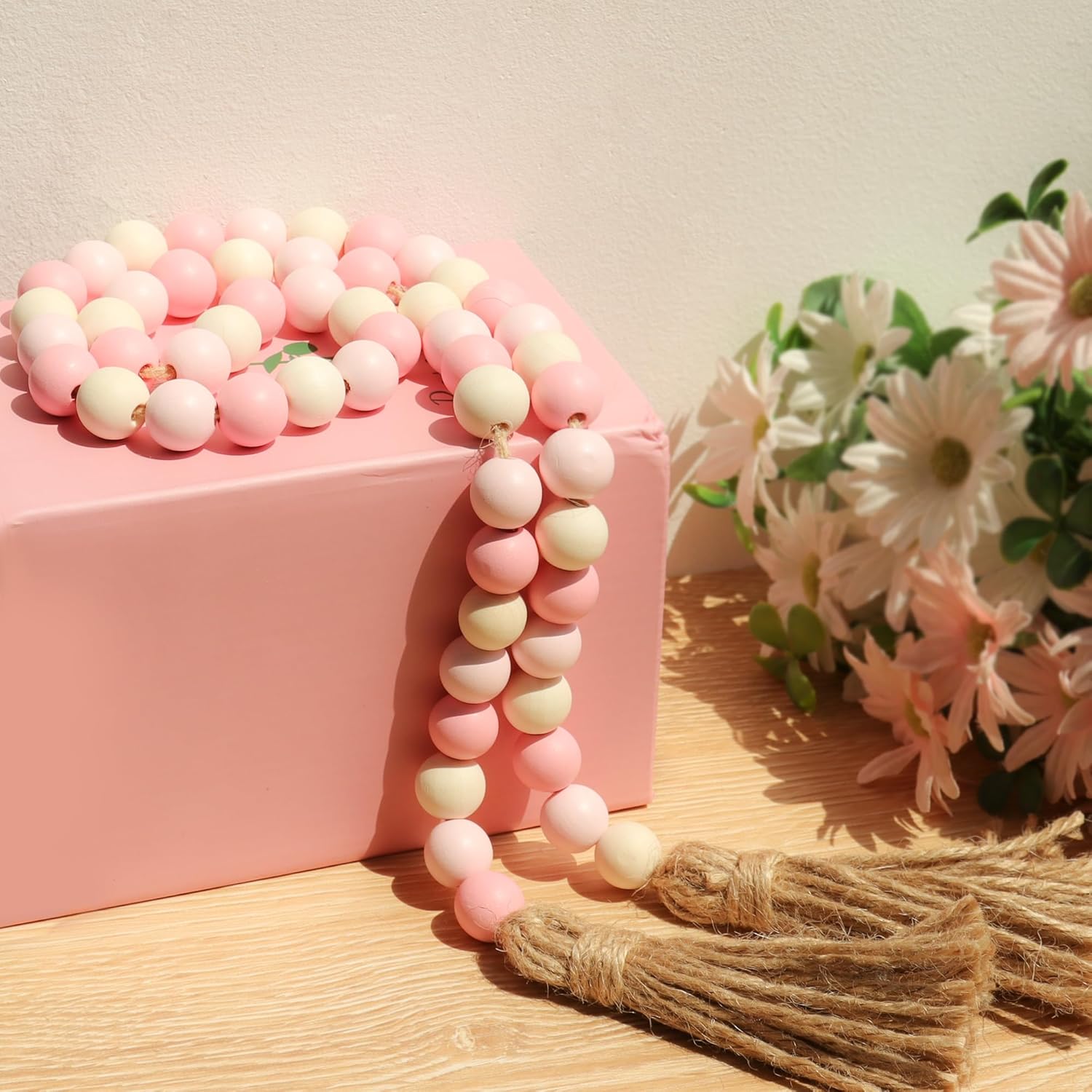 Wood Bead Garland,39in Farmhouse Beads with Tassels Boho Beads for Tiered Tray Decorative Beads Home Decor