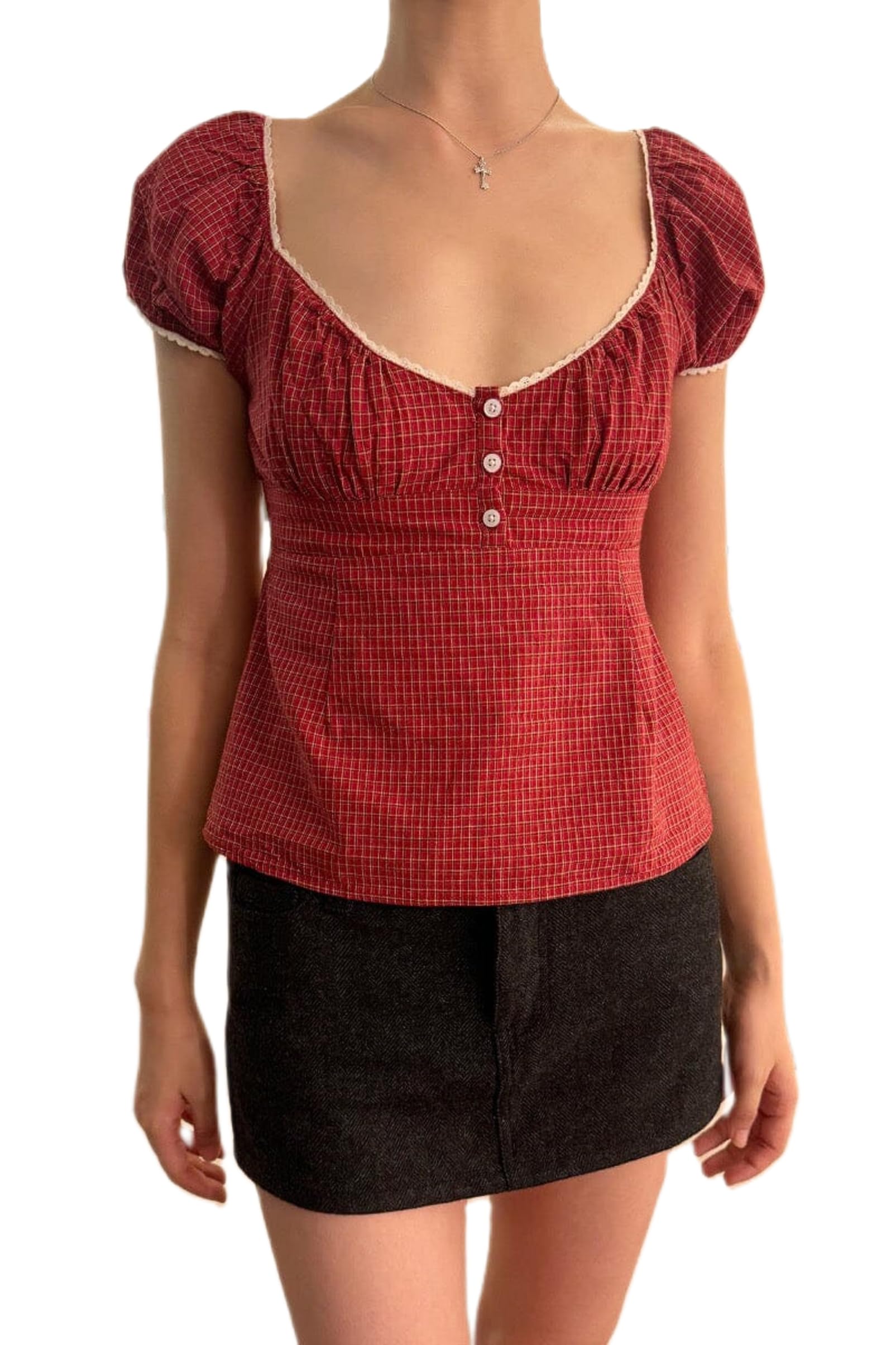 Y2K Short Sleeve Babydoll Tops for Women Cute Aesthetic U Neck Teen Girls Tshirt Ruffle Hem Patchwork Peplum Shirts