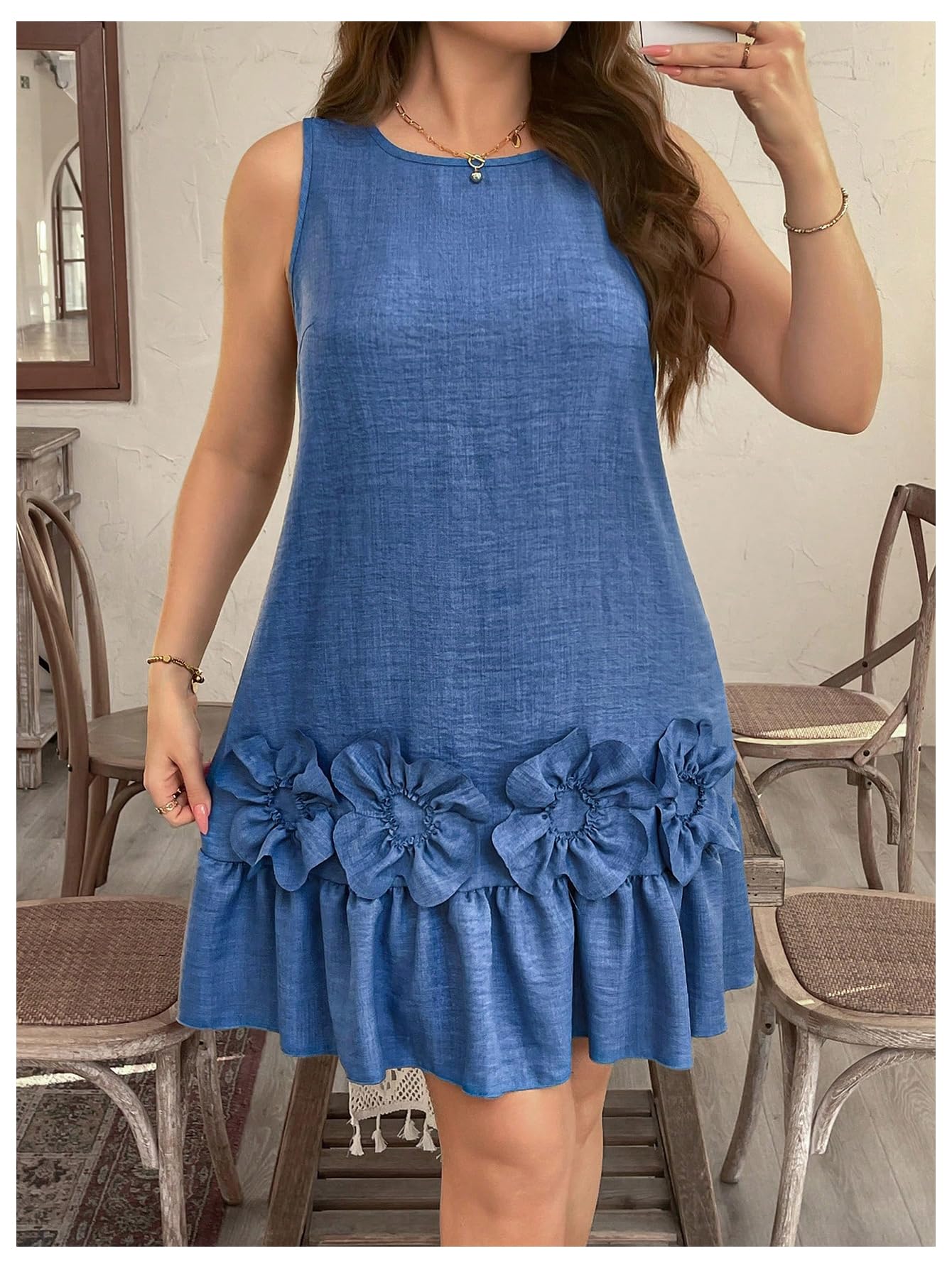 Women's Plus Size 3D Floral Round Neck Short Dress Ruffle Hem Sleeveless Tank Short Dress