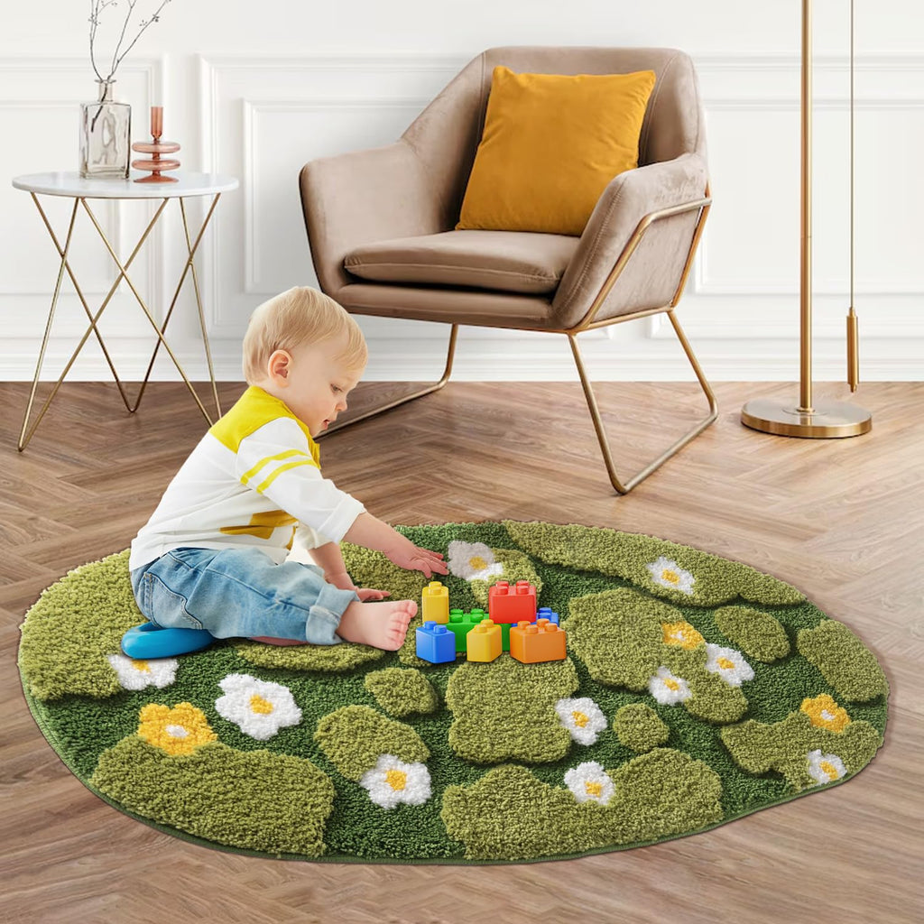 Green Moss Bathroom Rugs Bath Mat Non Slip, Ultra Soft Absorbent Aesthetic Decor Shaggy Tufted Flower Long Bath Rugs