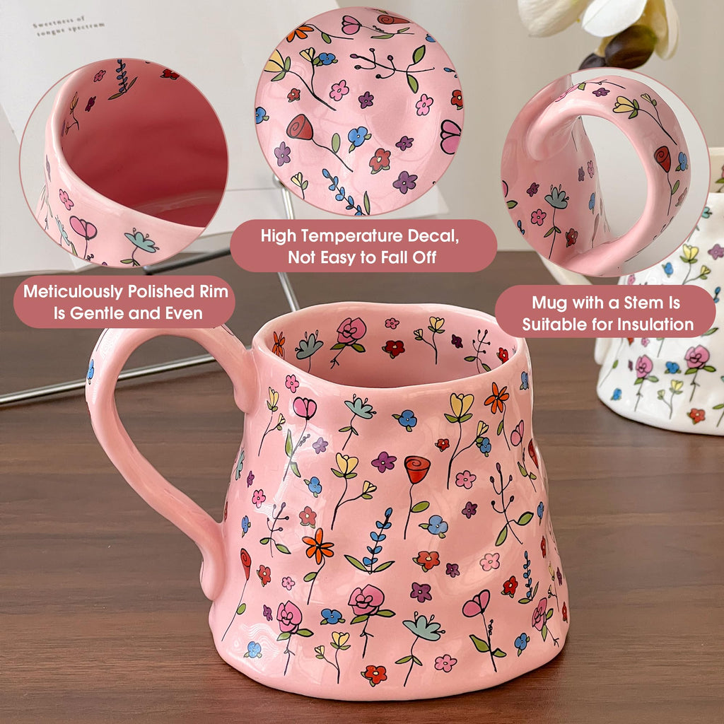 Large Ceramic Coffee Mug Pink Cute Flower with Handmade Big Handle, 20oz Girly Floral Tea Cup, Novelty Irregular Oversized Mugs