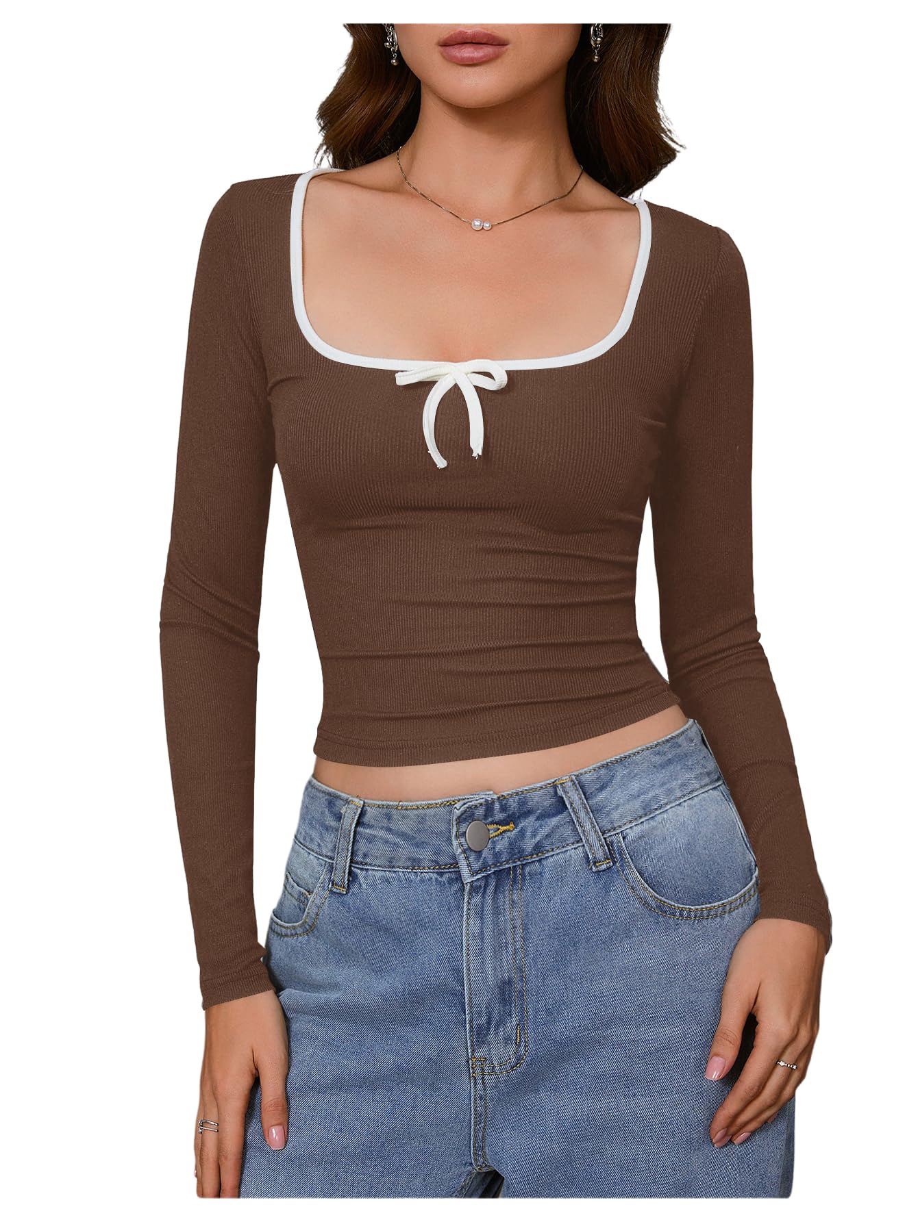 Women's Color Block Scoop Neck Bow Decor Long Sleeve Casual T Shirts