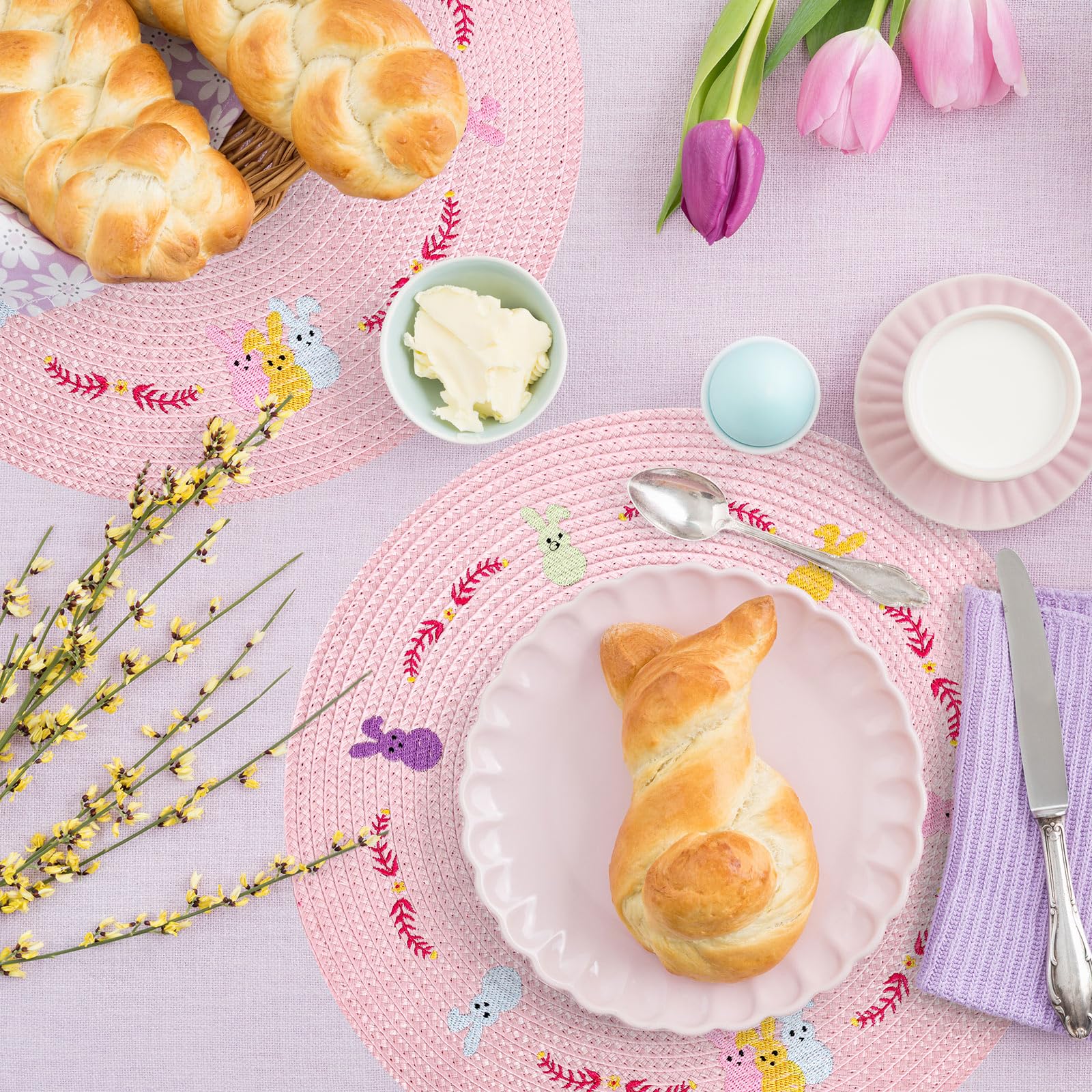 Whaline 4Pcs Round Placemats Pink Bow Embroidered Place Mats Coquette Bow Dinner Table Mats for Home Wedding Baby Shower Birthday Party Decor