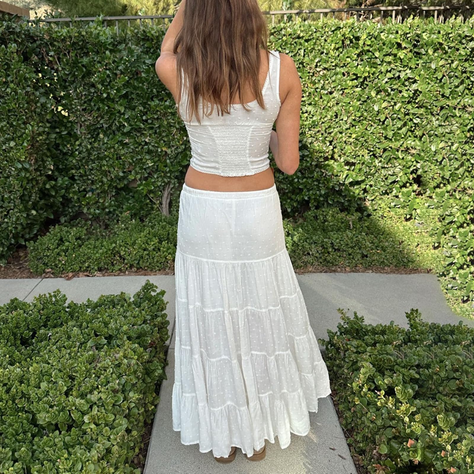 Women 2 Piece Outfits Y2k Sleeveless Lace Trim Cami Tops and Ruffle Ruched Maxi Skirt Matching Set