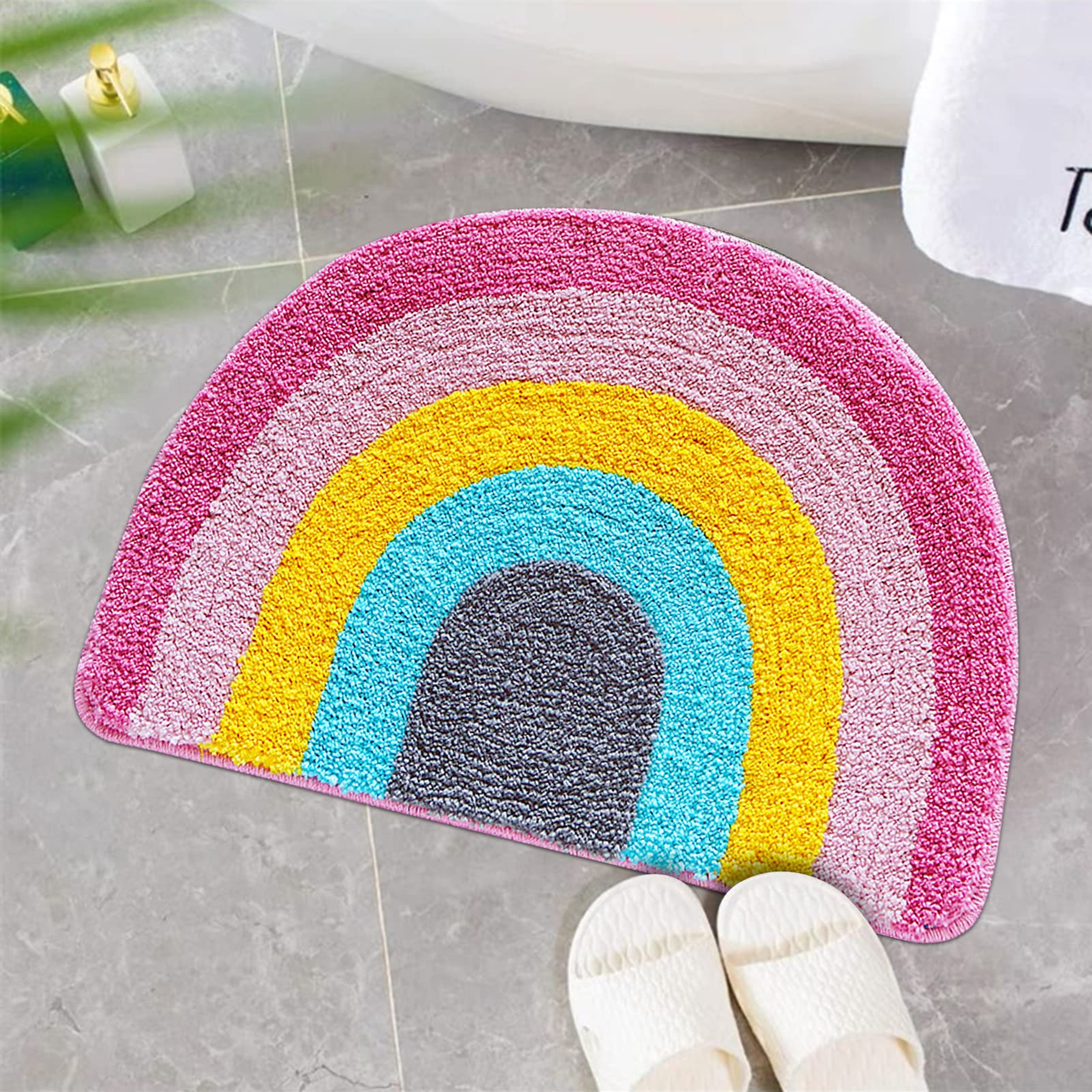 Rainbow Bathroom Rug Half Circle Bath Area Rug Doormat Rainbow Bath Mat Small Kids Room Throw Rug Water Absorbent Quick Dry 17.7"x27.6"