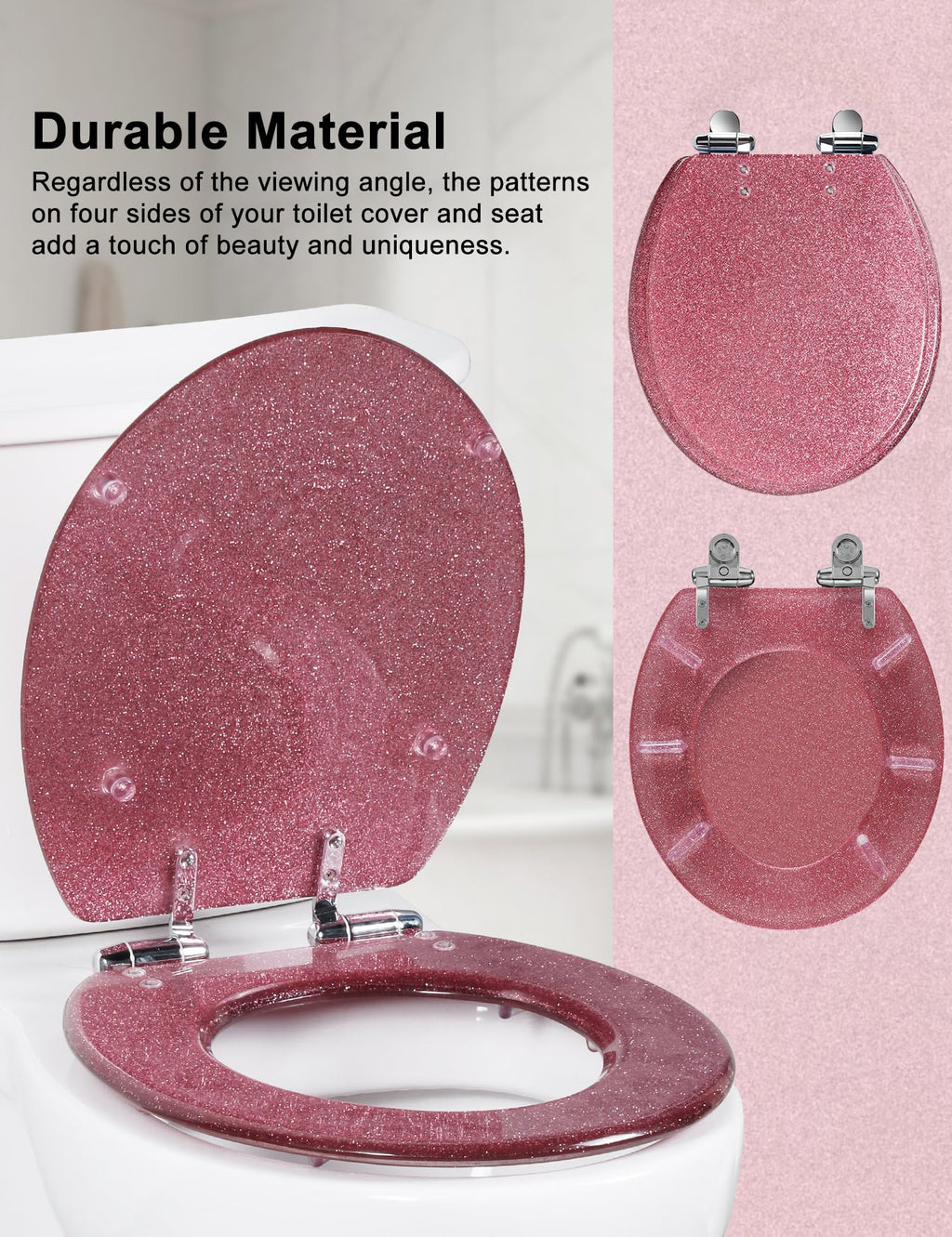 Round Resin Toilet Seat Glitter Soft Close Quick Release Metal Zinc Alloy Hinge Easy to Install also Easy to Clean, Decorative Acrylic Seats (17 Inch)