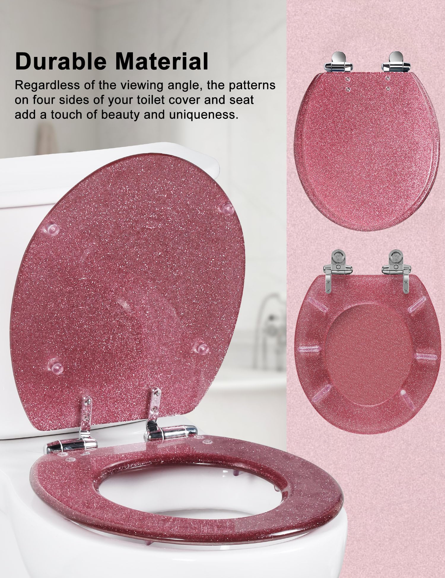 Round Resin Toilet Seat Glitter Soft Close Quick Release Metal Zinc Alloy Hinge Easy to Install also Easy to Clean, Decorative Acrylic Seats (17 Inch)