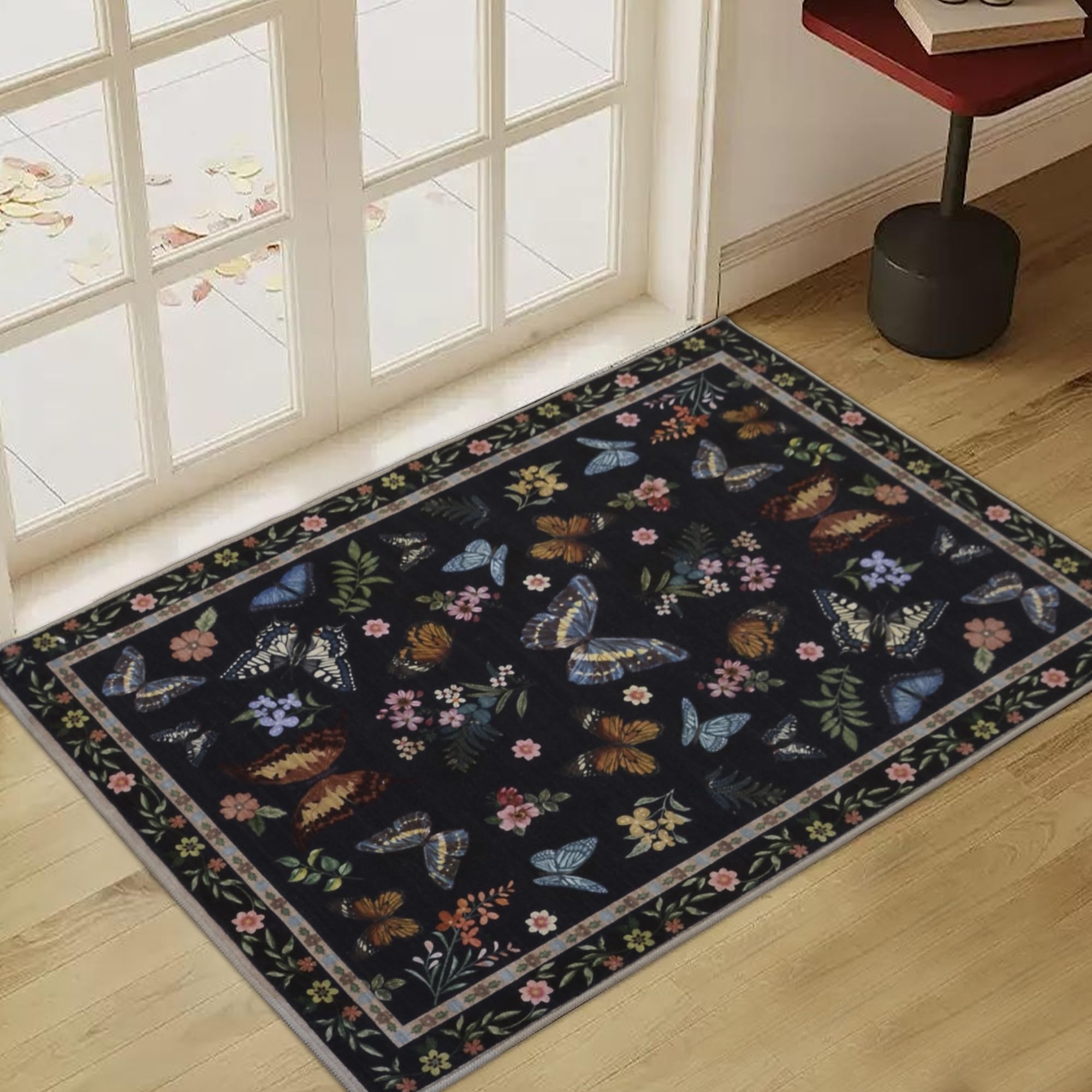 Insect Floral Area Rug, Machine Washable Area Rug Non-Slip Low Pile Large Bedroom Rug Stain Resistant Throw Rug Carpet