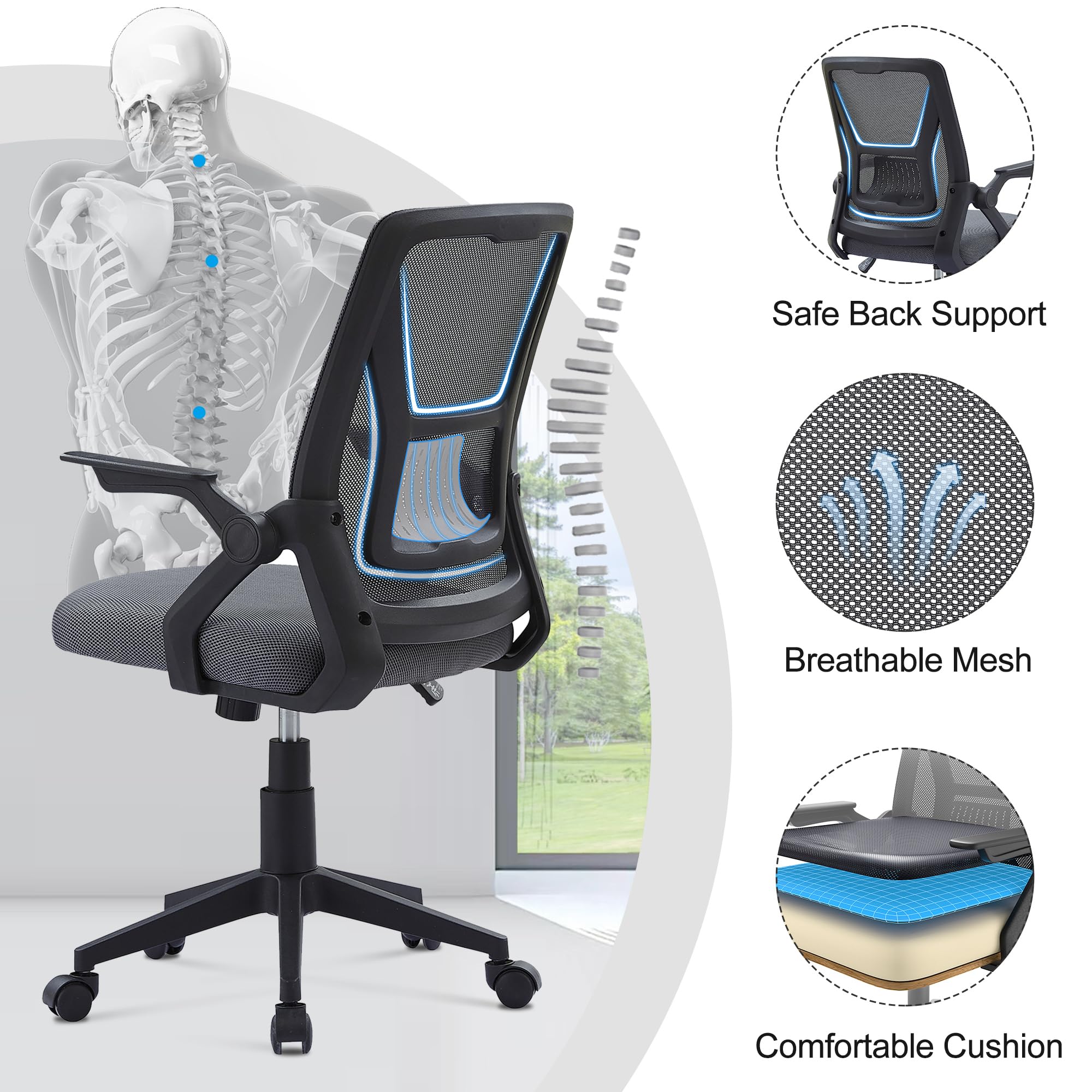 Mid-Back Swivel Ergonomic Office Chair with Adjustable Arms Mesh Lumbar Support