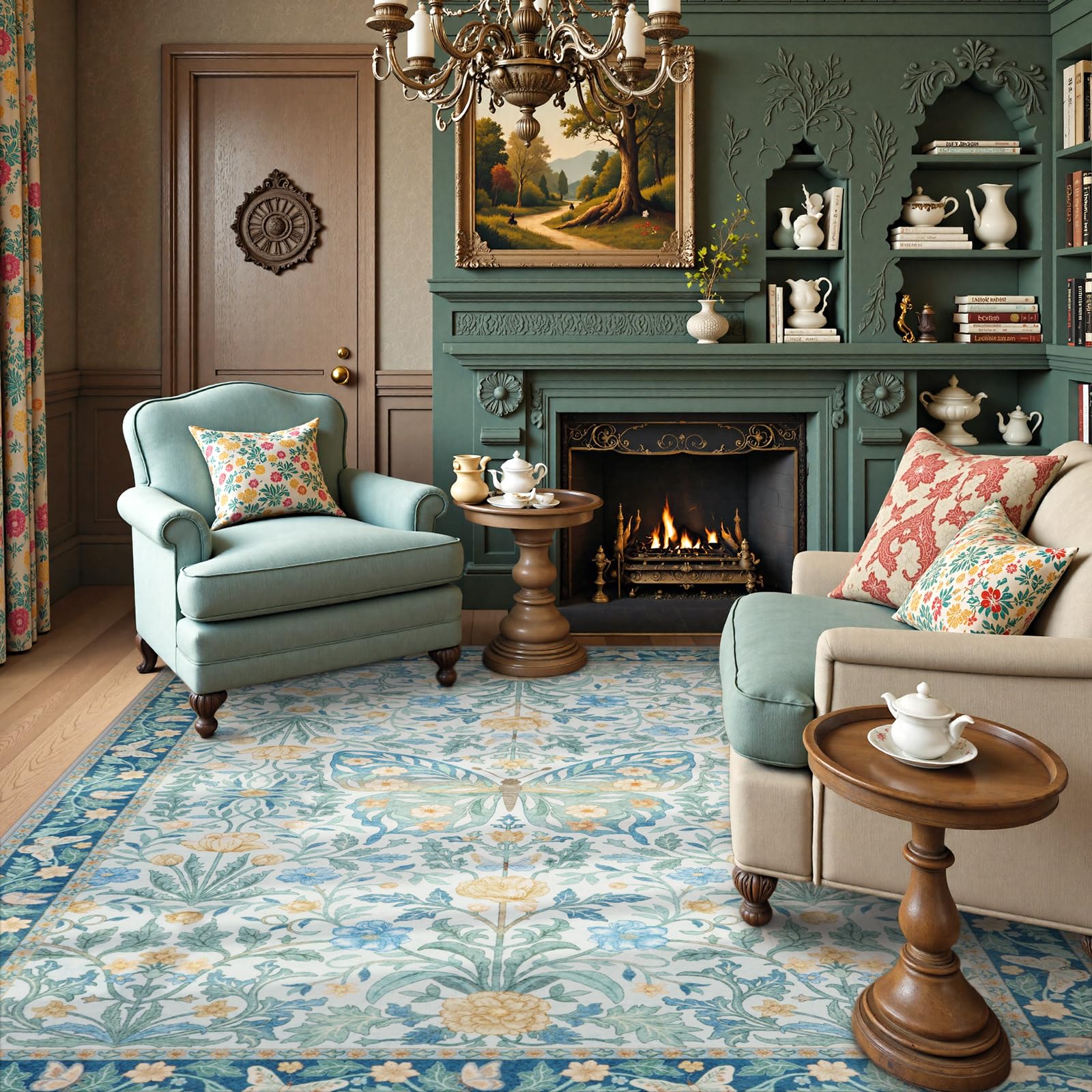 Vintage Floral Rug for Girls Bedroom Washable Non Slip, Soft Ultra Thin Boho Insect Carpet