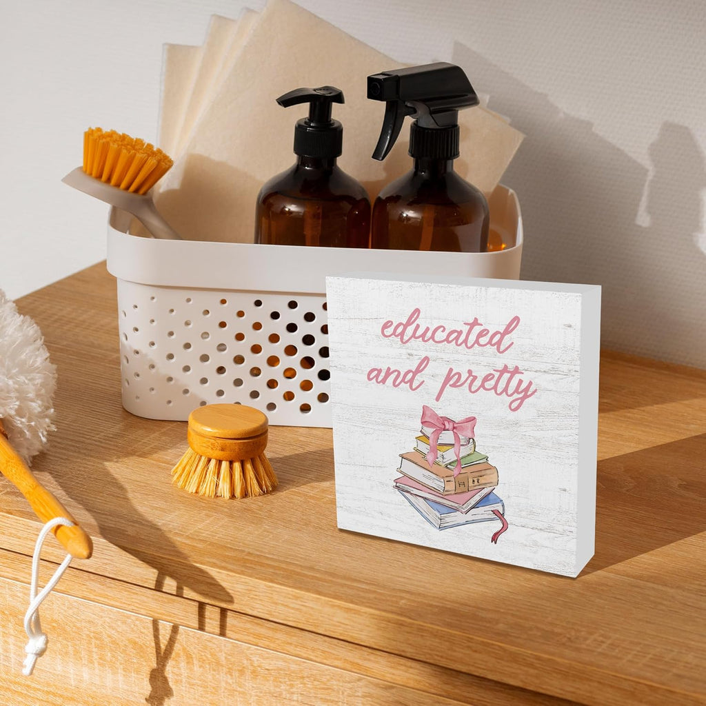 Coquette Preppy Pink Bow Books Wooden Box Sign, Book Lover Gifts, Wall Desk Shelf Tabletop Decoration