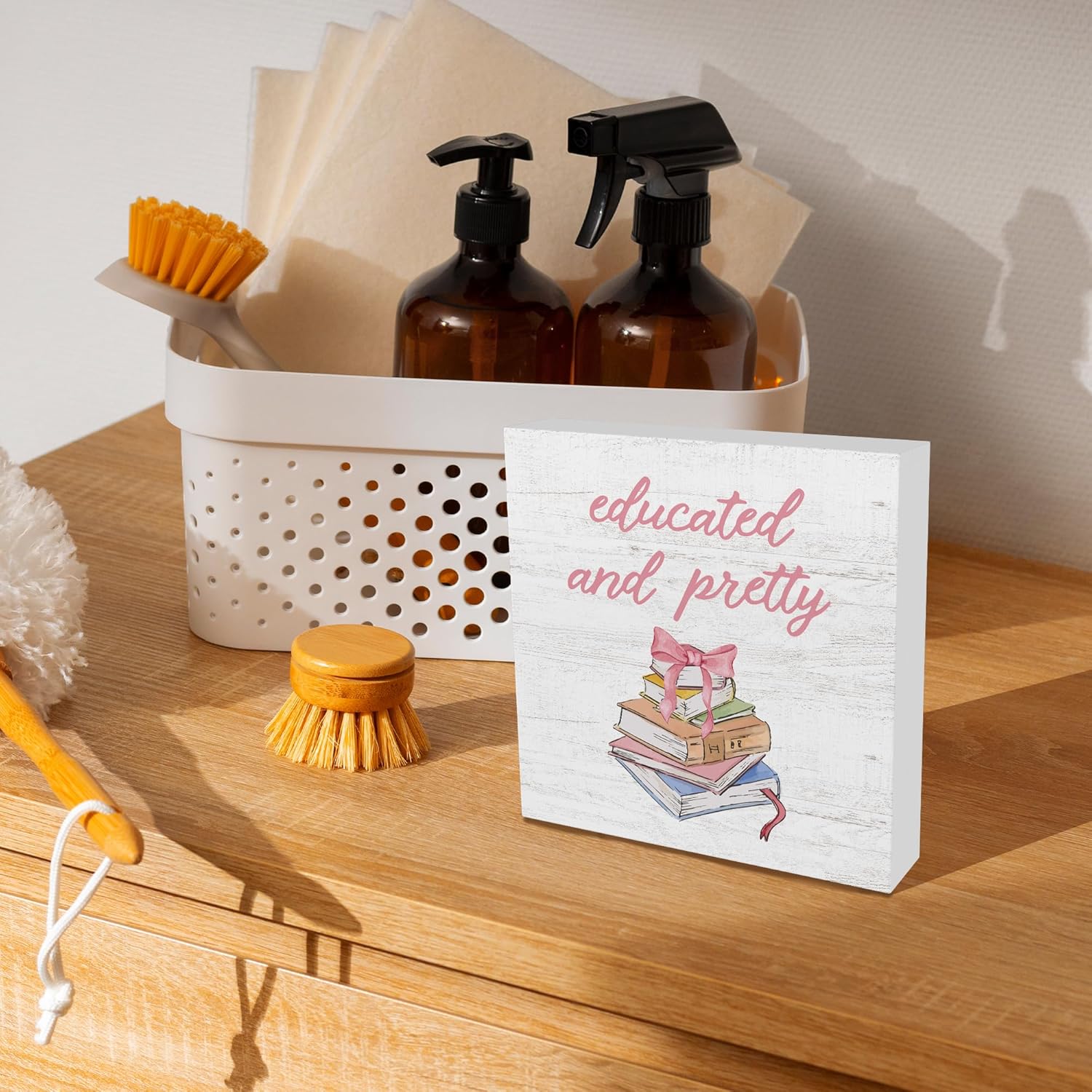 Coquette Preppy Pink Bow Books Wooden Box Sign, Book Lover Gifts, Wall Desk Shelf Tabletop Decoration