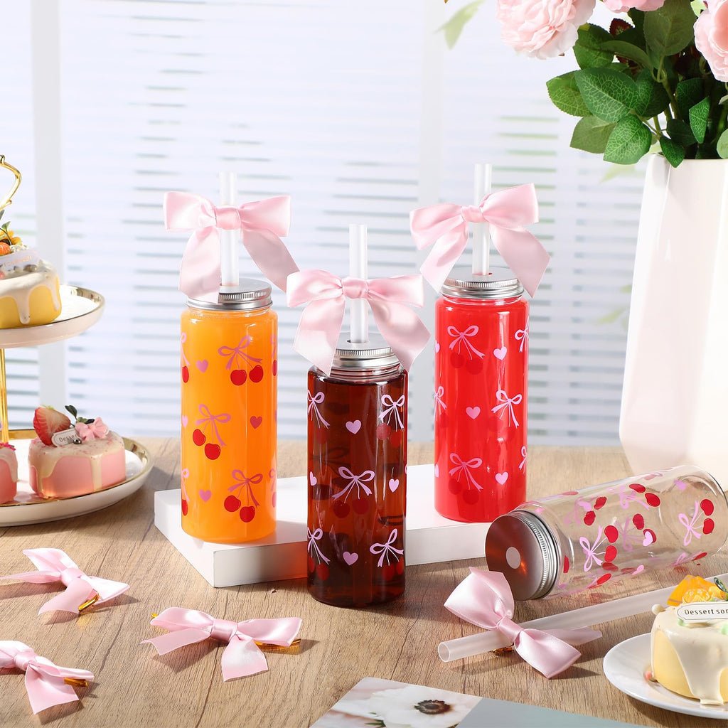 Pink Bow Plastic Bottle with Straw Lid and Twist Bow Disposable Coquette Cherry Bow Bottles Cute Inspired Retro Reusable Bottles 12 Pcs