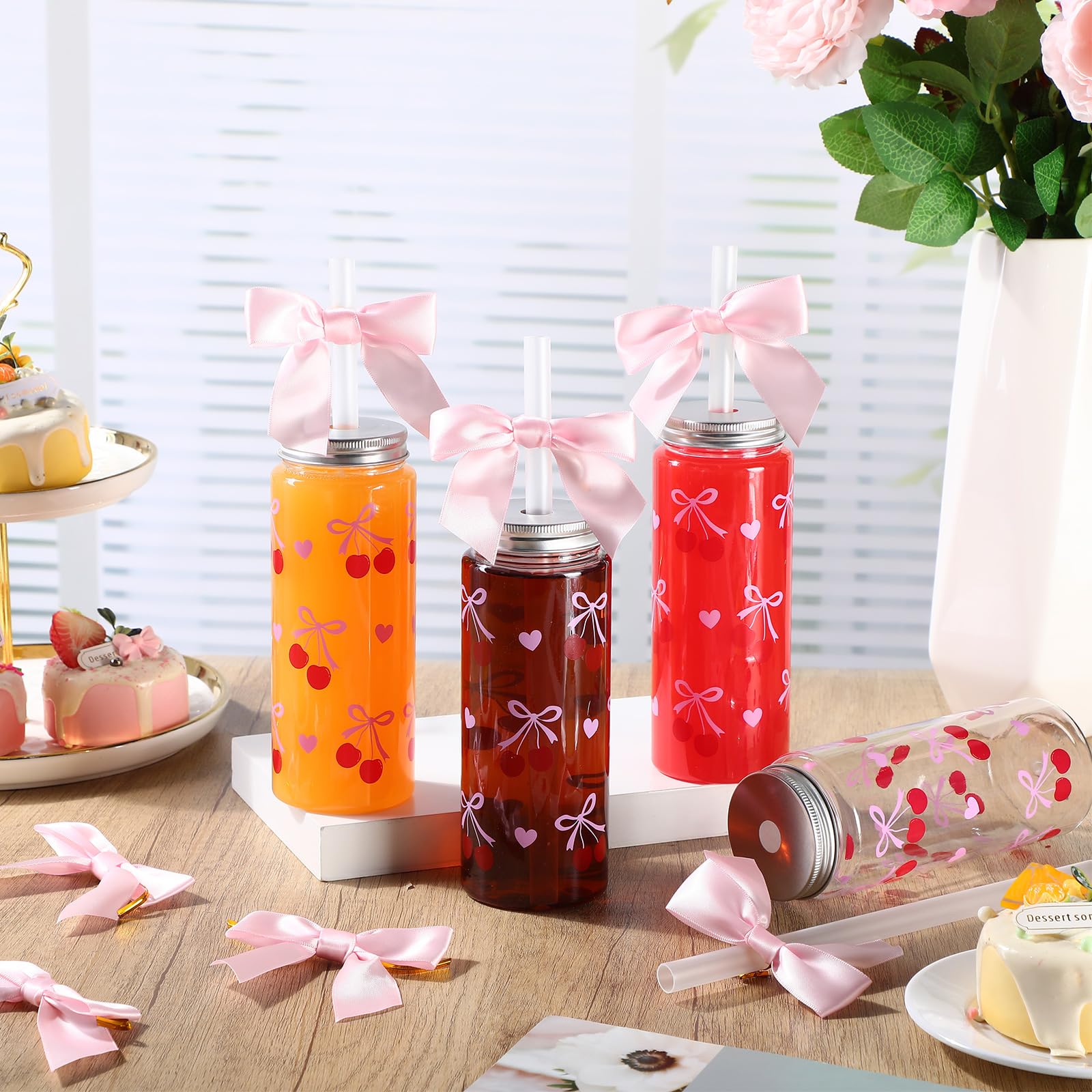 Pink Bow Plastic Bottle with Straw Lid and Twist Bow Disposable Coquette Cherry Bow Bottles Cute Inspired Retro Reusable Bottles 12 Pcs