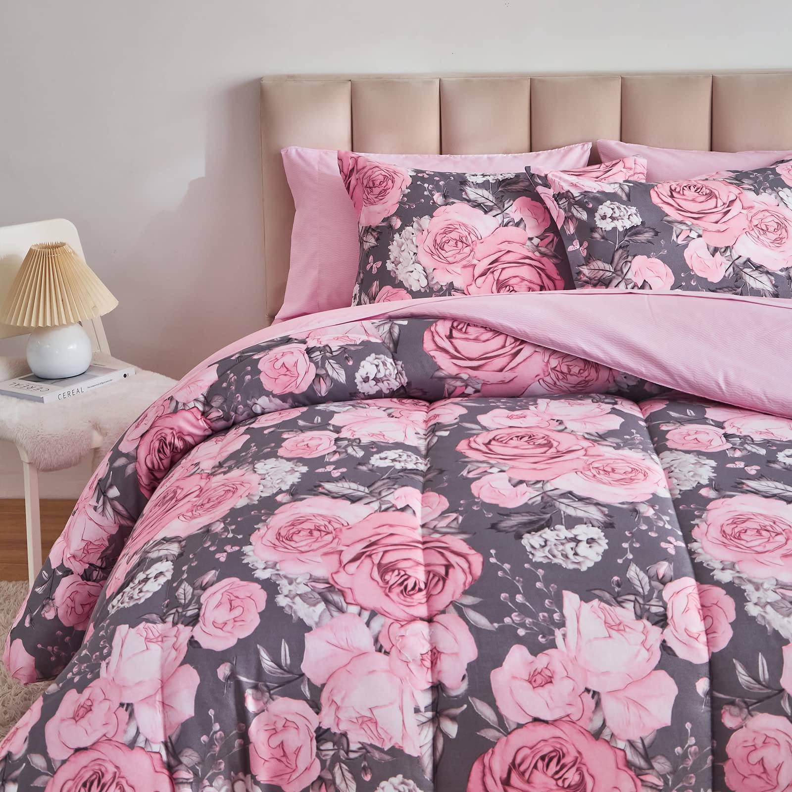 Flower Comforter Sheet Set White Bed in a Bag 7 Pieces Size Pink Floral Microfiber Bedding Set (1 Comforter 2 Pillow Shams 1 Flat Sheet 1 Fitted Sheet 2 Pillowcases)