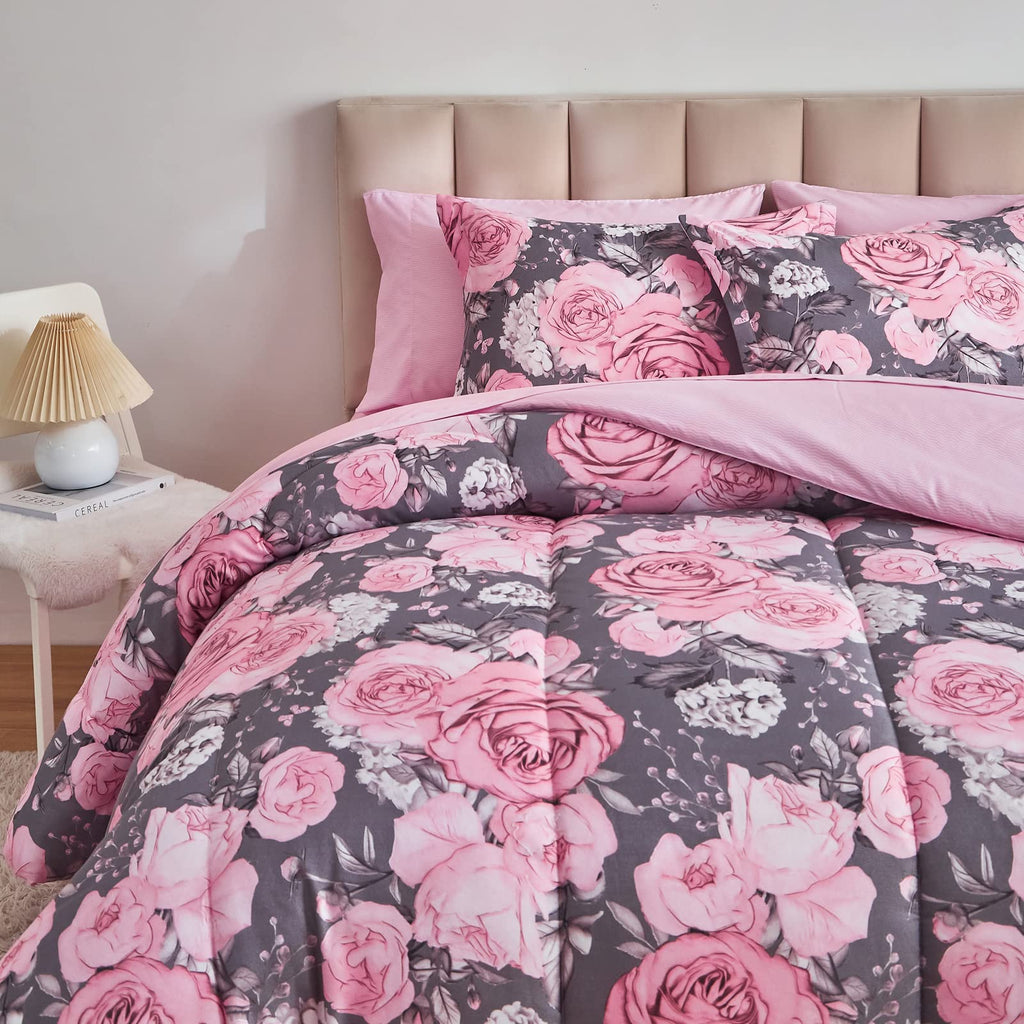 Flower Comforter Sheet Set White Bed in a Bag 7 Pieces Size Pink Floral Microfiber Bedding Set (1 Comforter 2 Pillow Shams 1 Flat Sheet 1 Fitted Sheet 2 Pillowcases)