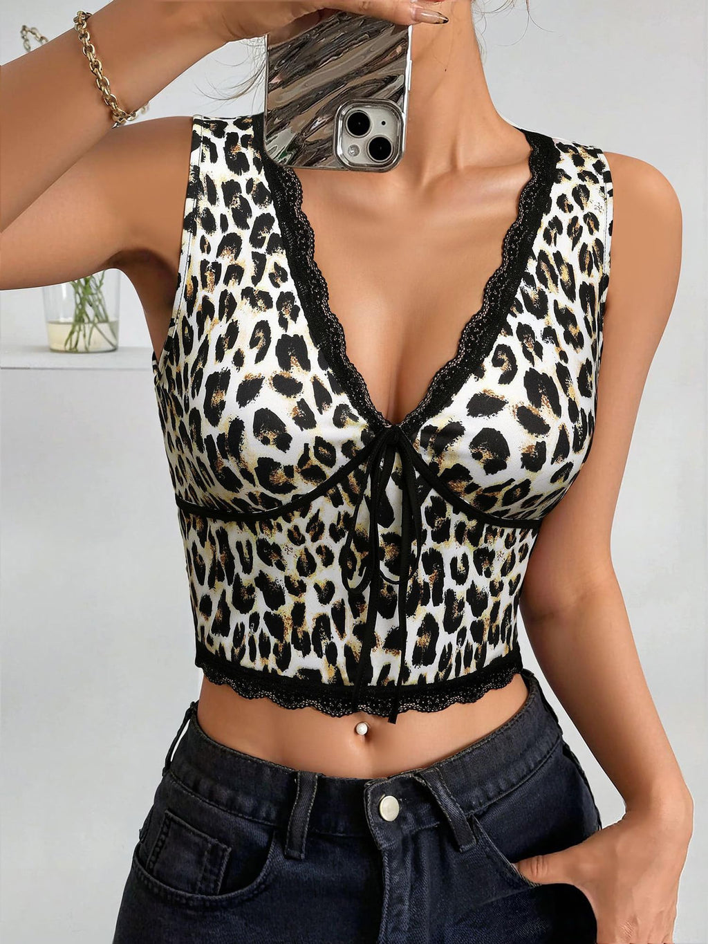 Womens Leopard Lace Trim Sexy Tank Tops Bow Tie Front Sleeveless Cheetah Print V Neck Tops Y2K Going Out Crop Top