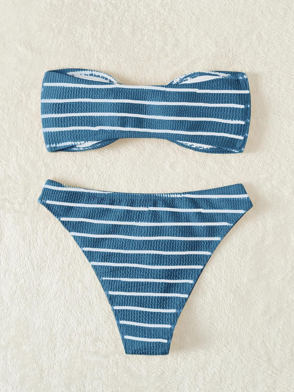 Women's 2 Piece Strapless Swimsuit Striped Bandeau High Waisted Thong Bikini Set Bathing Suit
