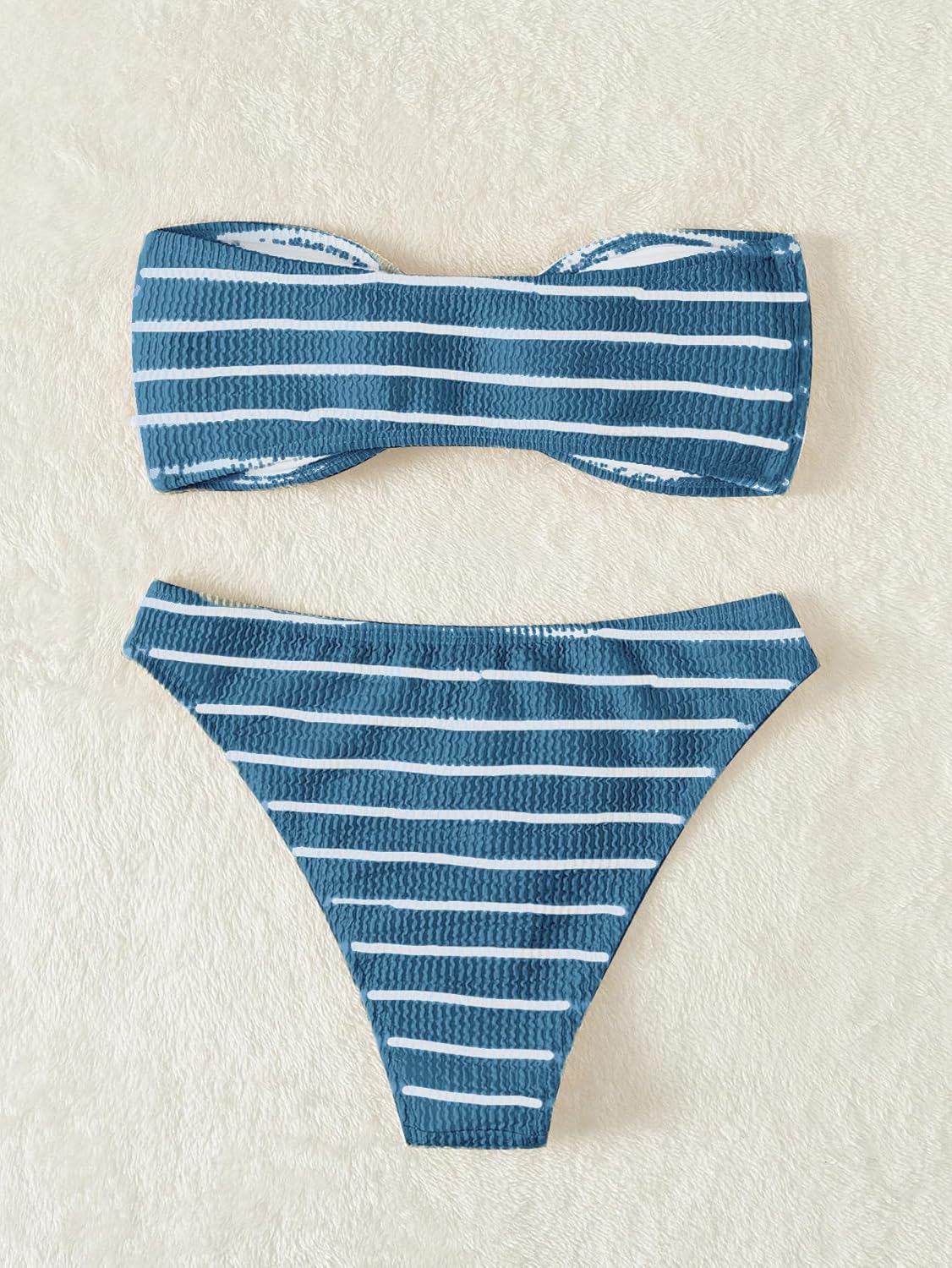 Women's 2 Piece Strapless Swimsuit Striped Bandeau High Waisted Thong Bikini Set Bathing Suit