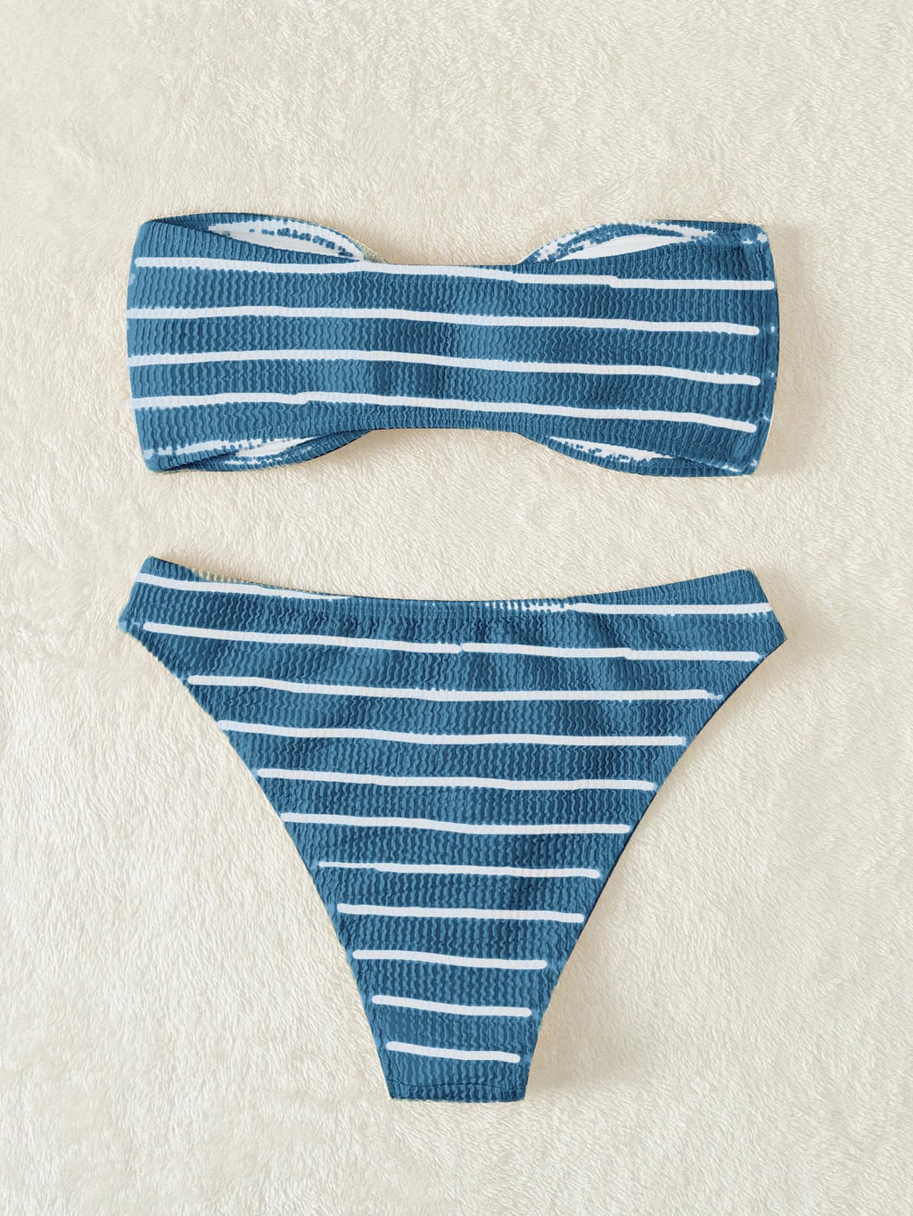 Women's 2 Piece Strapless Swimsuit Striped Bandeau High Waisted Thong Bikini Set Bathing Suit