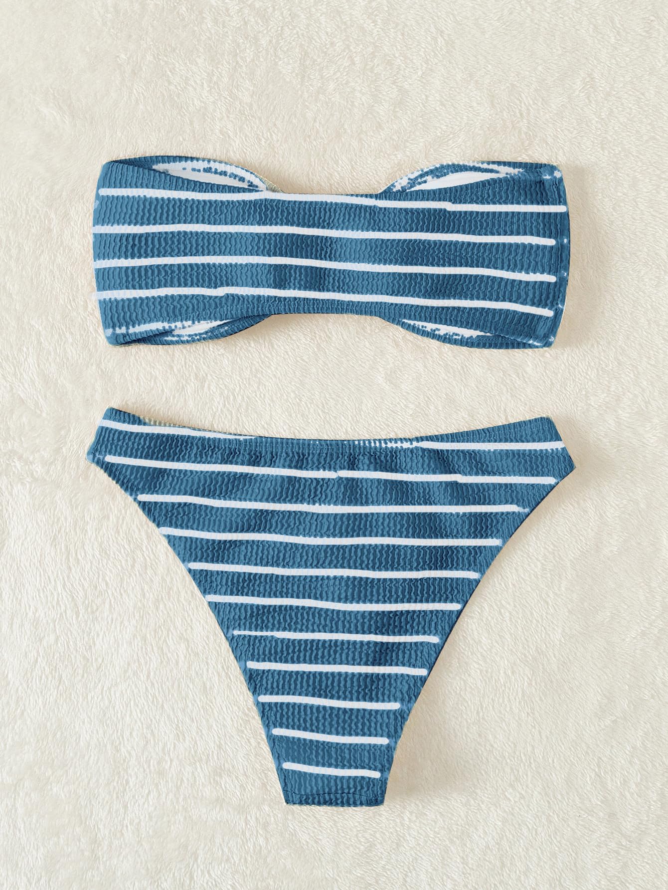Women's 2 Piece Strapless Swimsuit Striped Bandeau High Waisted Thong Bikini Set Bathing Suit