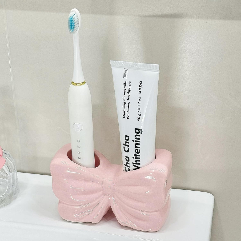 Toothbrush Holders for Bathrooms, Cute Ceramic Toothbrush Organizer and Toothpaste Holder/Toothbrush Stand Bow Pink Toothbrush Holder