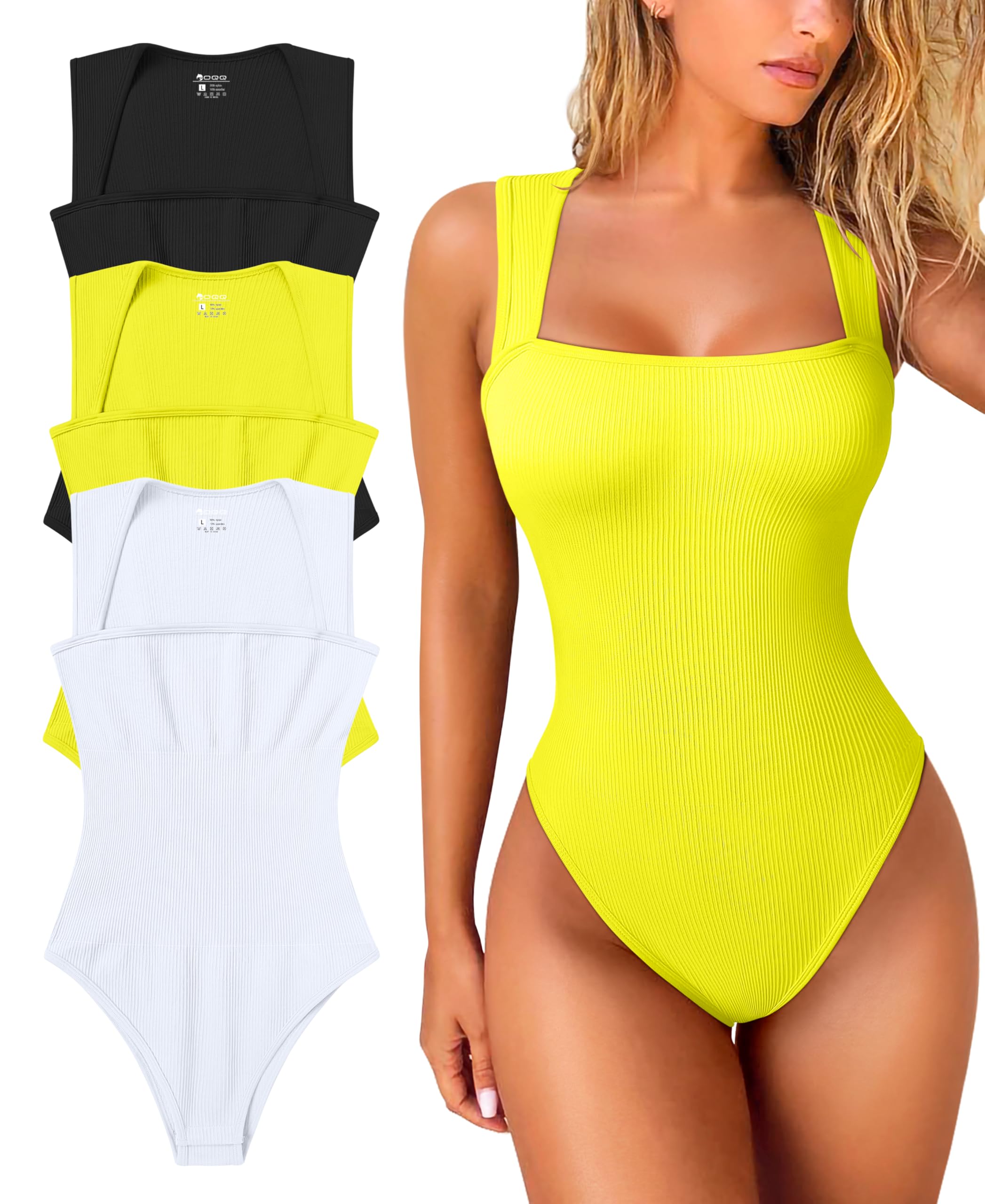 Women's 3 Piece Bodysuits Sexy Ribbed Strappy Square Neck Sleeveless Tummy Control Tank Tops Bodysuits