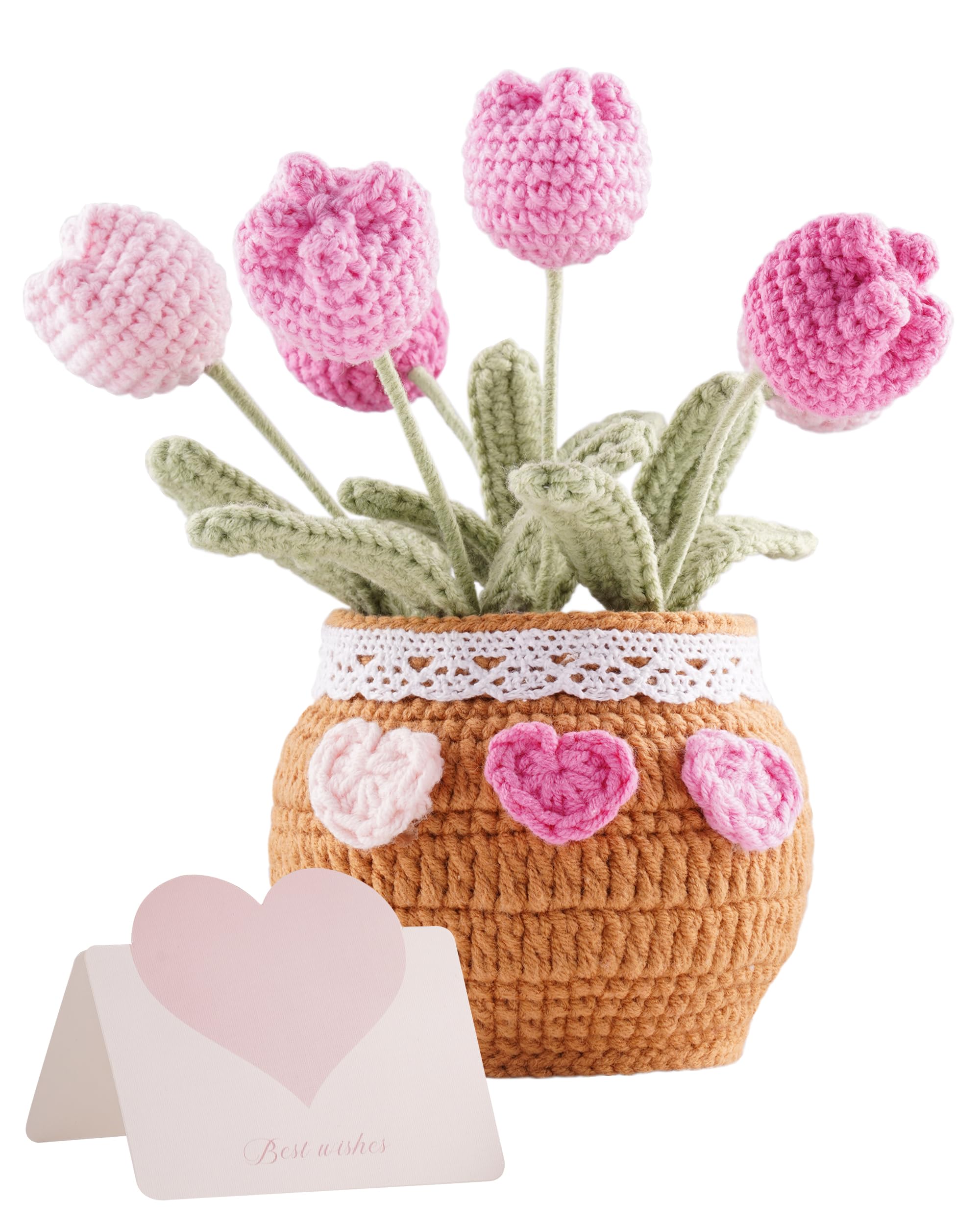 Crochet Tulip Potted Plant - Handmade Cotton Knitted Artificial Flowers, 6 Tulips Pot Plant with Bendable Leaves