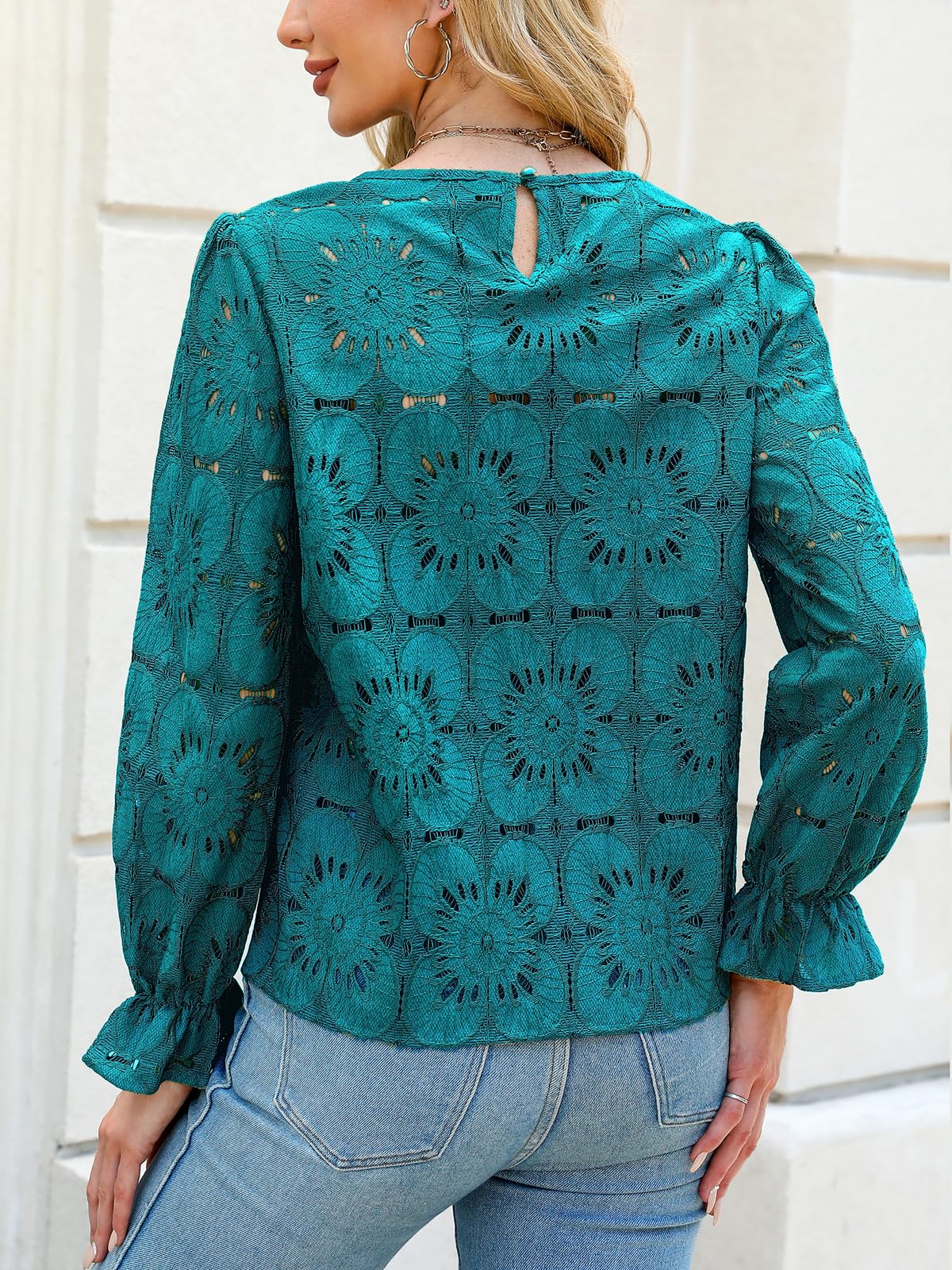 Women Eyelet Long Sleeve - Dressy Hollow Out Crochet Lace Embroidered Blouse