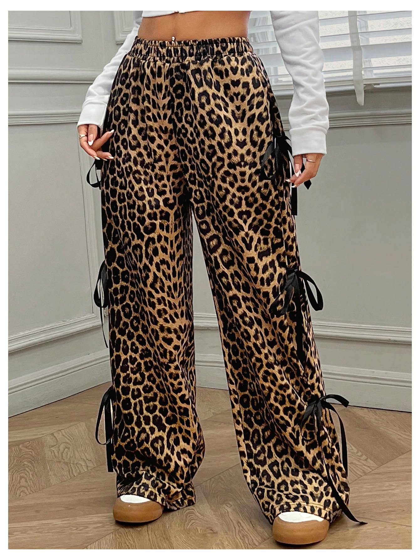 Women's Bow Wide Leg Sweatpants Elastic Waist Casual Baggy Pants with Pocket