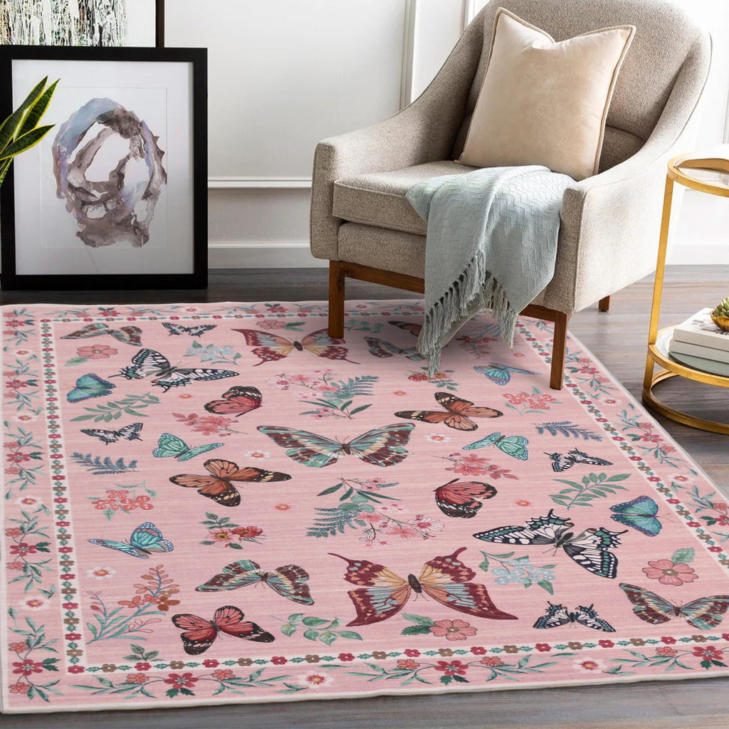 Insect Floral Area Rug, Machine Washable Area Rug Non-Slip Low Pile Large Bedroom Rug Stain Resistant Throw Rug Carpet