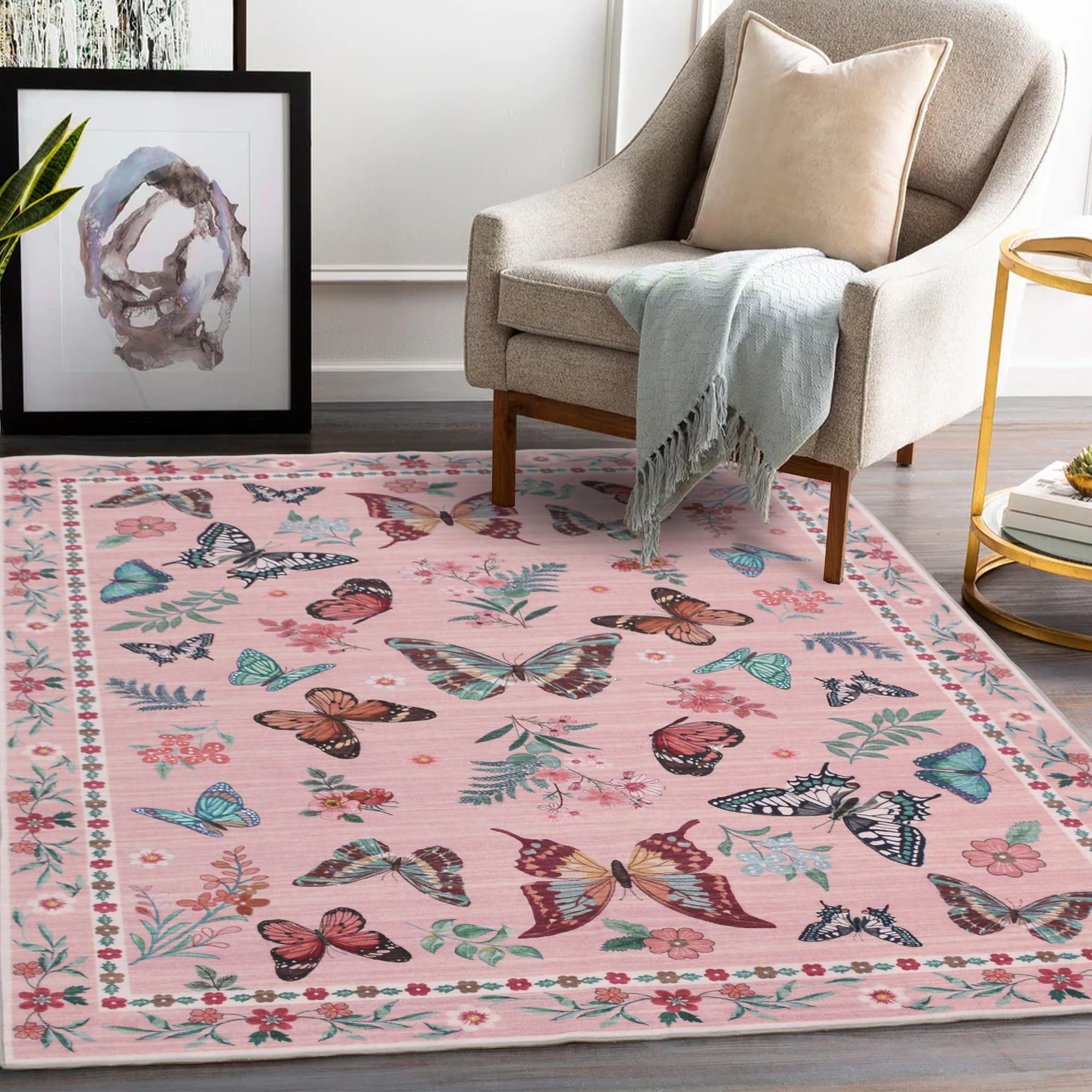 Insect Floral Area Rug, Machine Washable Area Rug Non-Slip Low Pile Large Bedroom Rug Stain Resistant Throw Rug Carpet