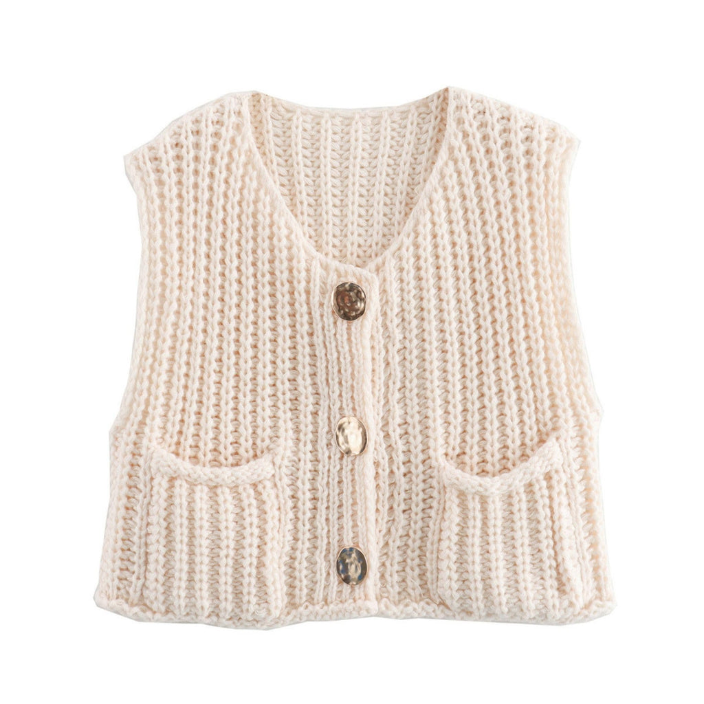 Women's Cropped Sweater Vest Cute Crewneck Button Down Sleeveless Crop Knit Cardigan with Pocket