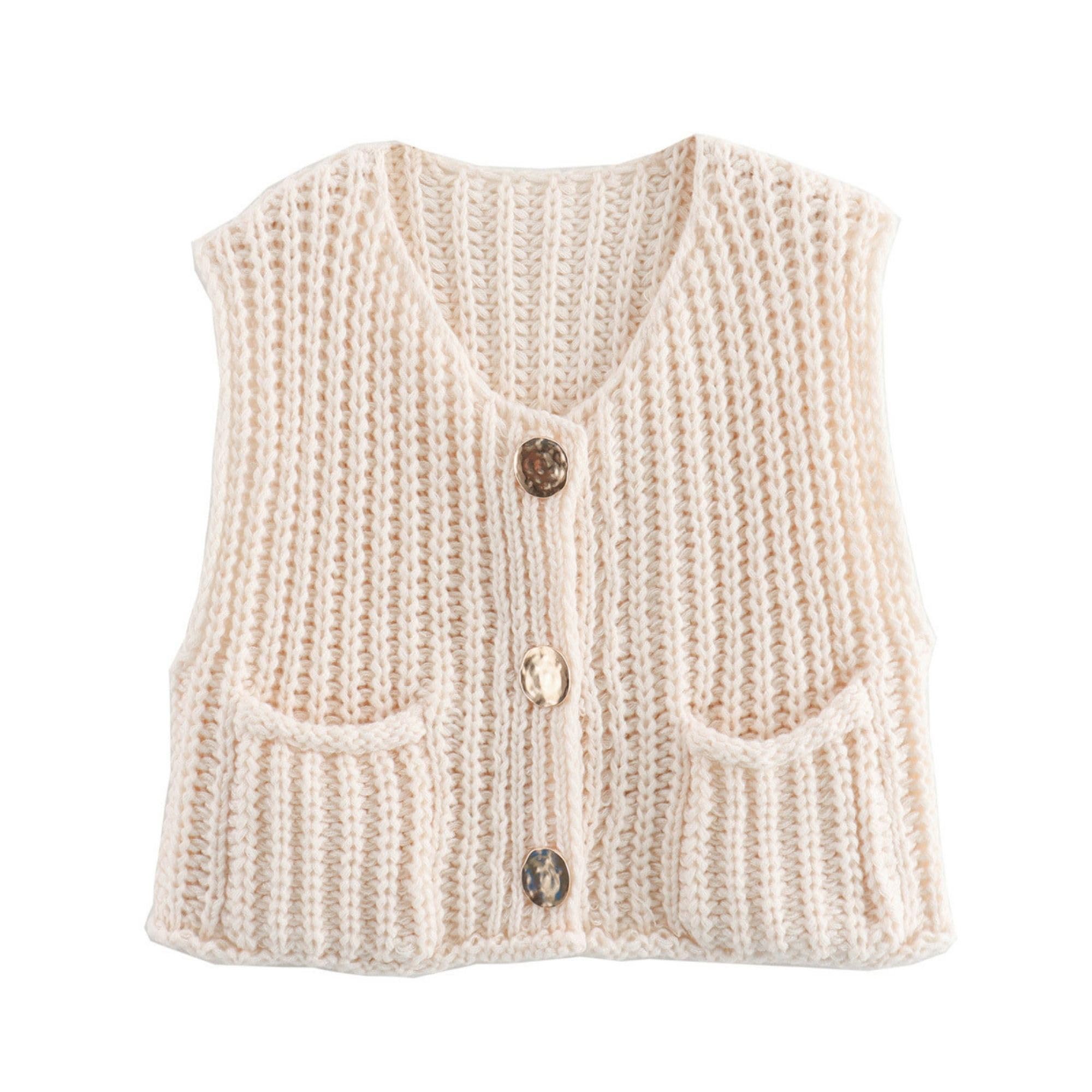 Women's Cropped Sweater Vest Cute Crewneck Button Down Sleeveless Crop Knit Cardigan with Pocket