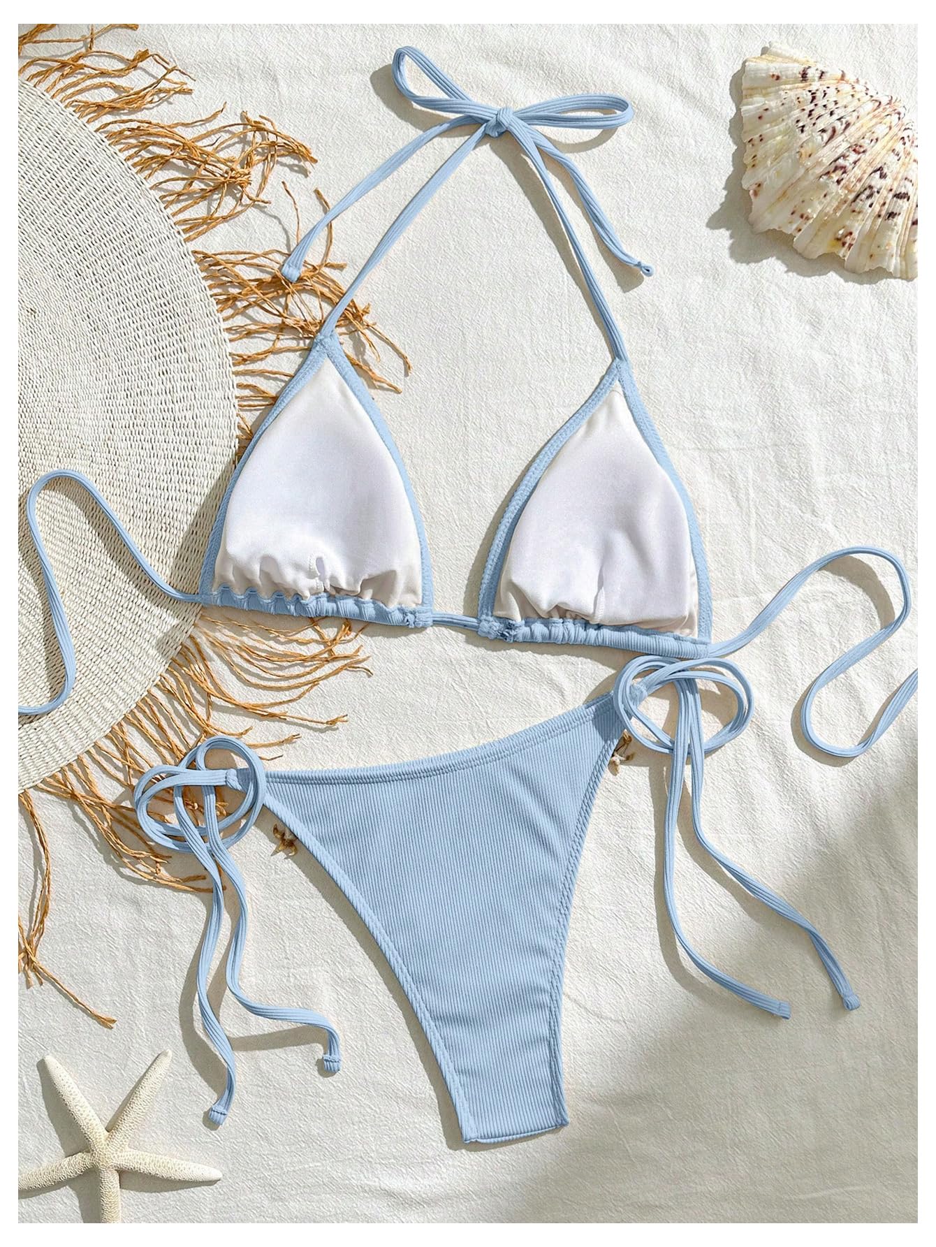 Women's 2 Piece Halter Triangle Bathing Suit Ribbed Bikini Swimsuits