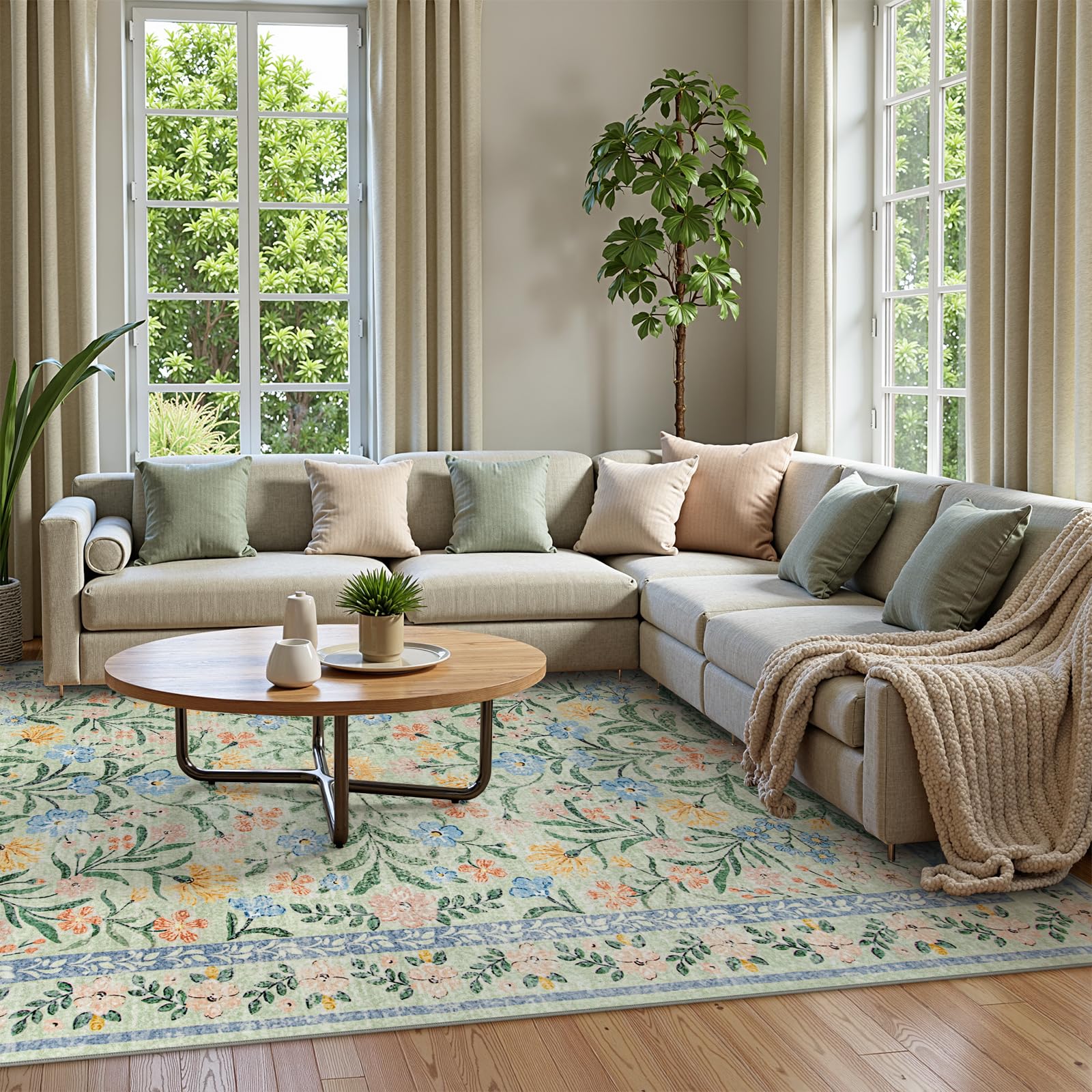 Machine Washable Boho Soft Floral Carpet Non Slip, Indoor Ultra-Thin Floor Carpet for Kid Room Living Room Dorm