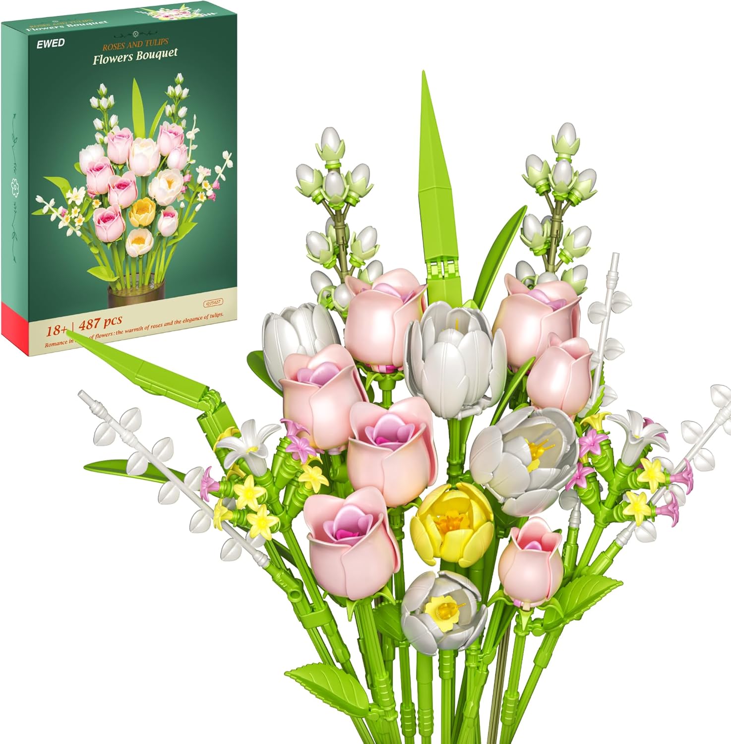 Tulip & Rose Flower Bouquet Building Set 18-Pack