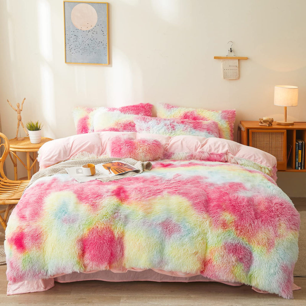 Fluffy Faux Fur Comforter Cover Set Queen - Ultra Soft Plush Bedding Sets 3 Pieces (1 Fluffy Duvet Cover + 2 Faux Fur Pillow case) Cute Bed Set