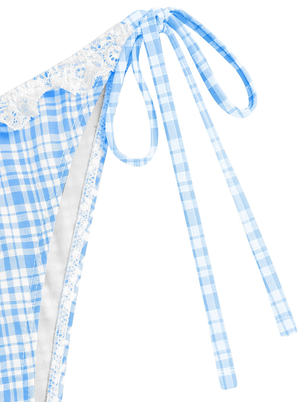 Women's Triangle Bikini Lace Frilled Ruffles Gingham Print Tie Side Spaghetti Strap 2 Pieces Bikini Swimsuit