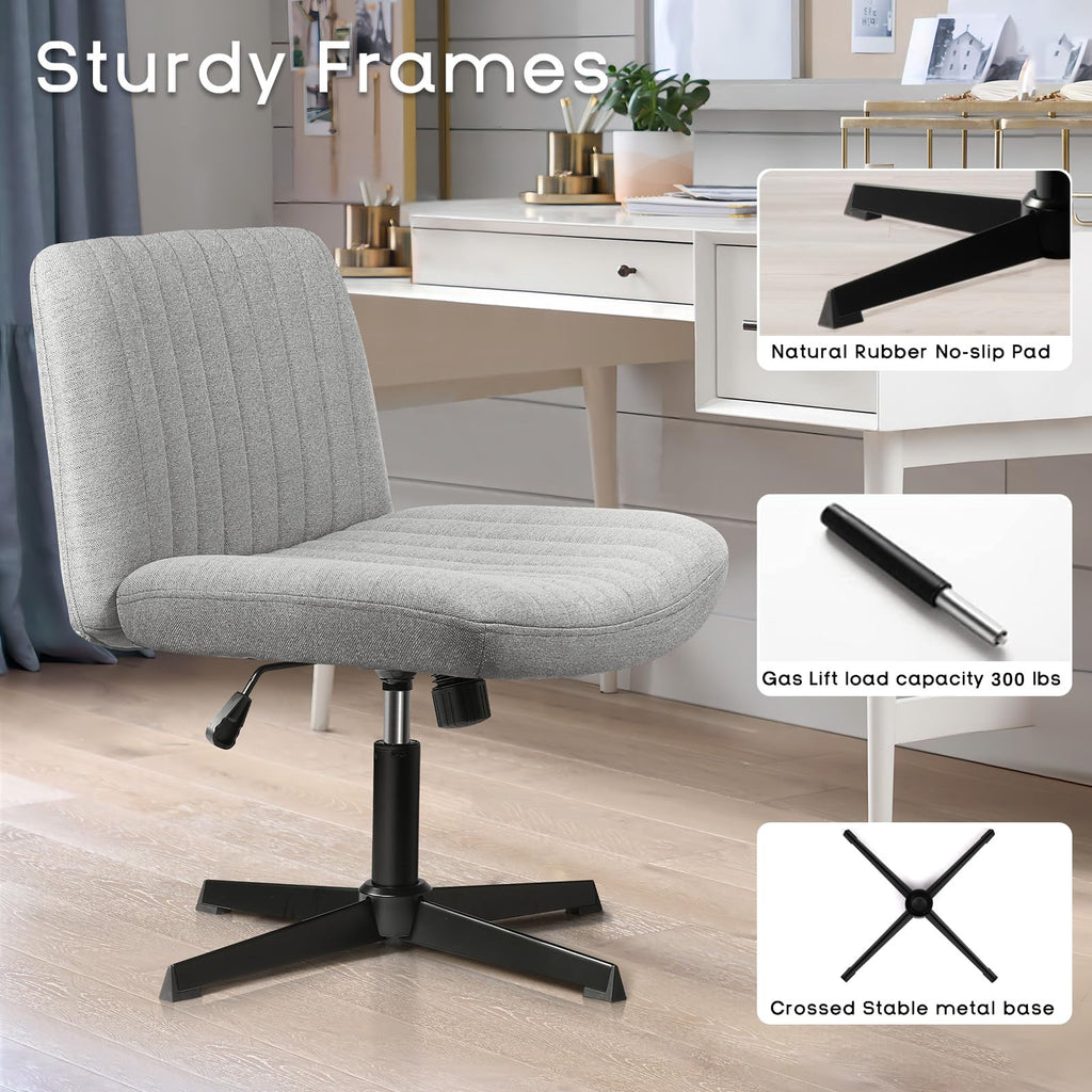 Criss Cross Chair, Armless Cross Legged Office Desk Chair No Wheels, Fabric Padded Modern Swivel Height Adjustable Mid Back Wide Seat