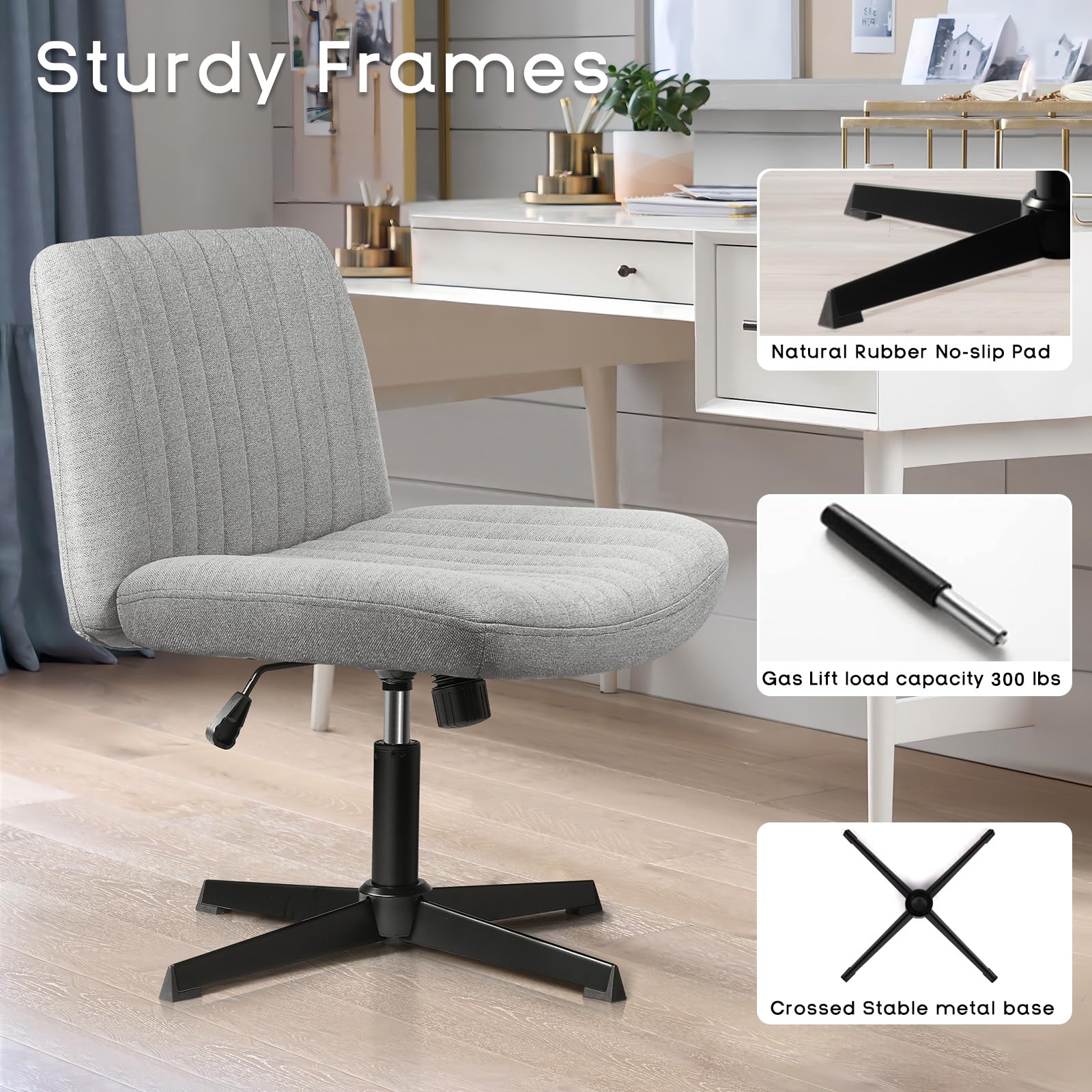Criss Cross Chair, Armless Cross Legged Office Desk Chair No Wheels, Fabric Padded Modern Swivel Height Adjustable Mid Back Wide Seat
