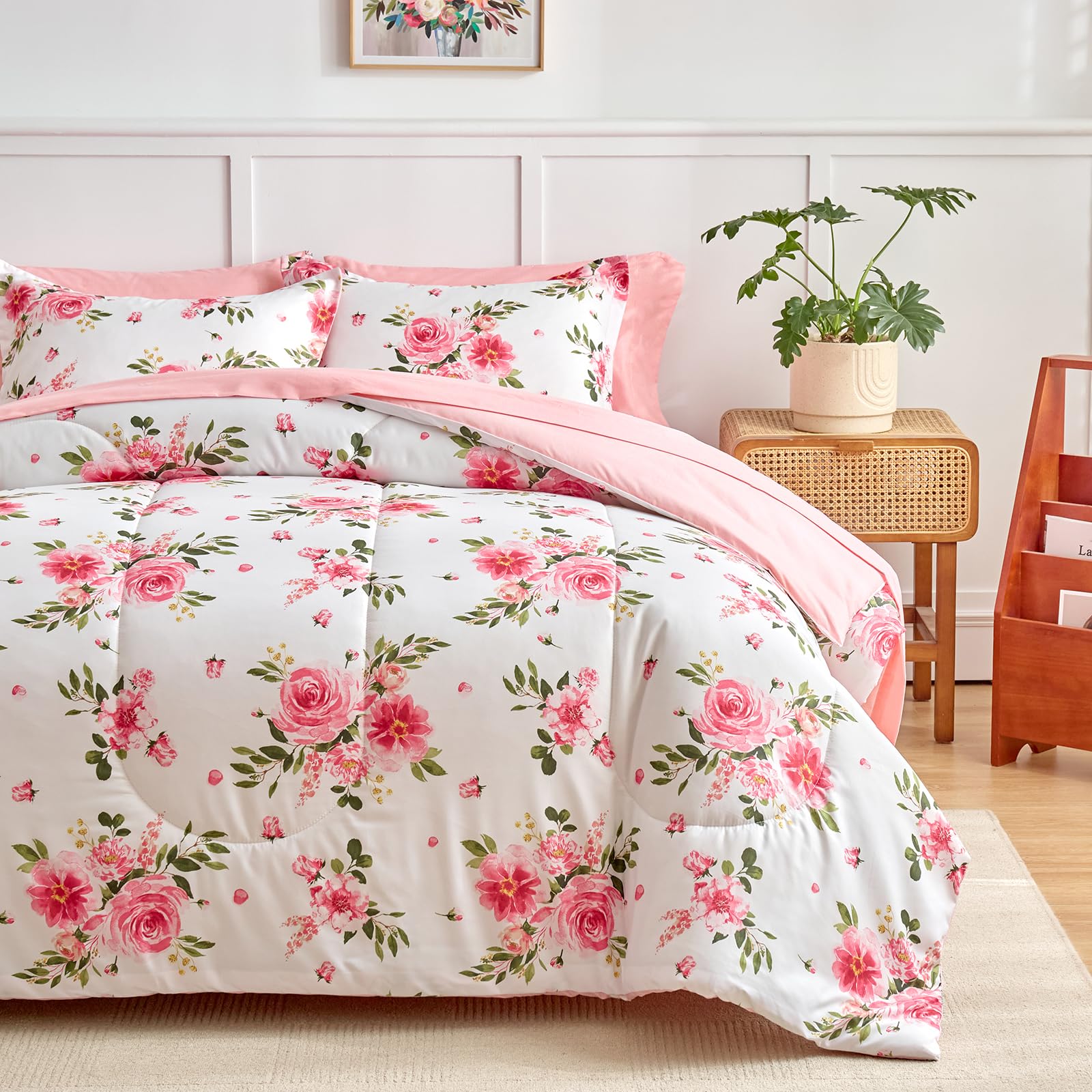 Flower Comforter Sheet Set White Bed in a Bag 7 Pieces Size Pink Floral Microfiber Bedding Set (1 Comforter 2 Pillow Shams 1 Flat Sheet 1 Fitted Sheet 2 Pillowcases)