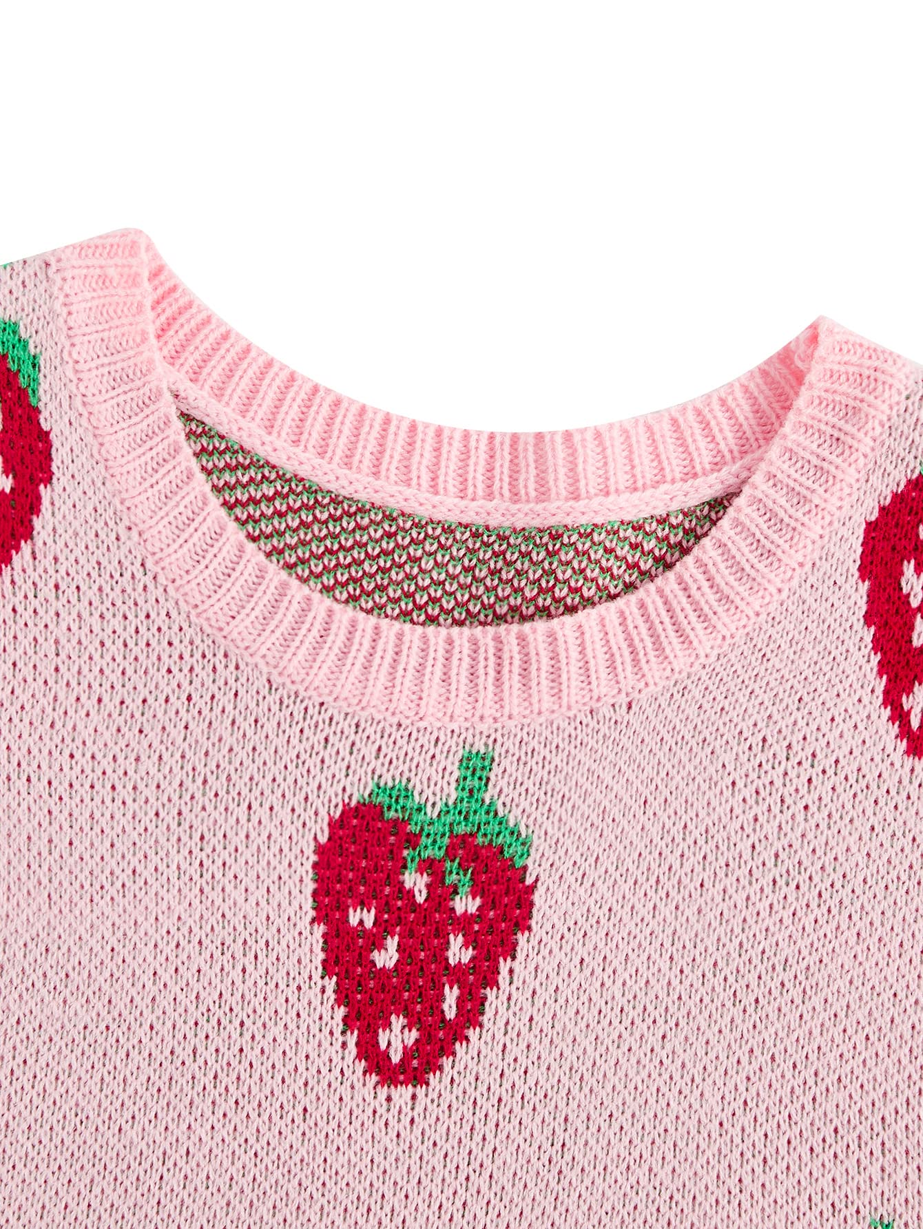 Women's Sleeveless Round Neck Cute Strawberry Sweater Vest Crop Shirt Top